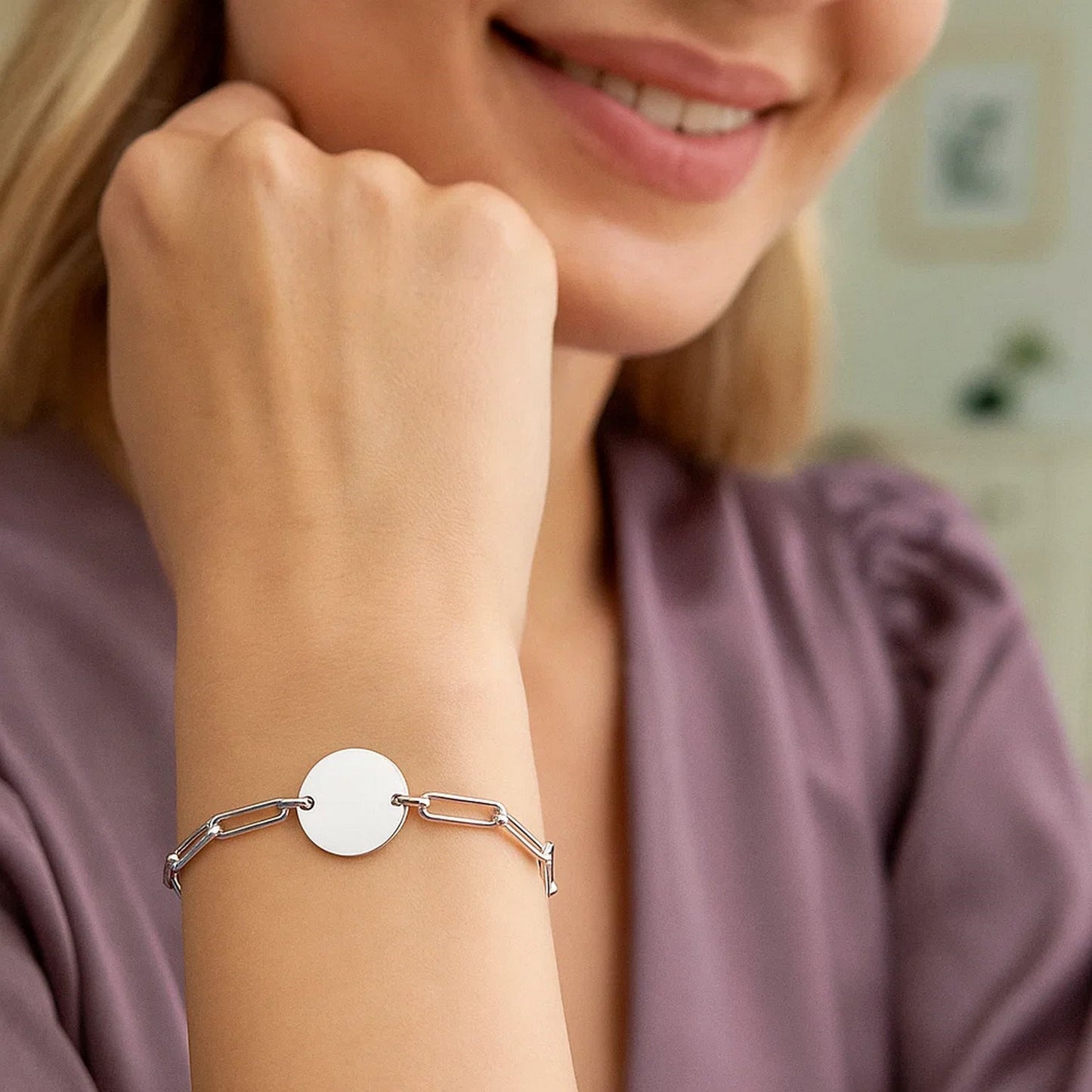 Sterling Silver Rhodium Plated Engravable Circle Paperclip Bracelet (2.10 mm)
