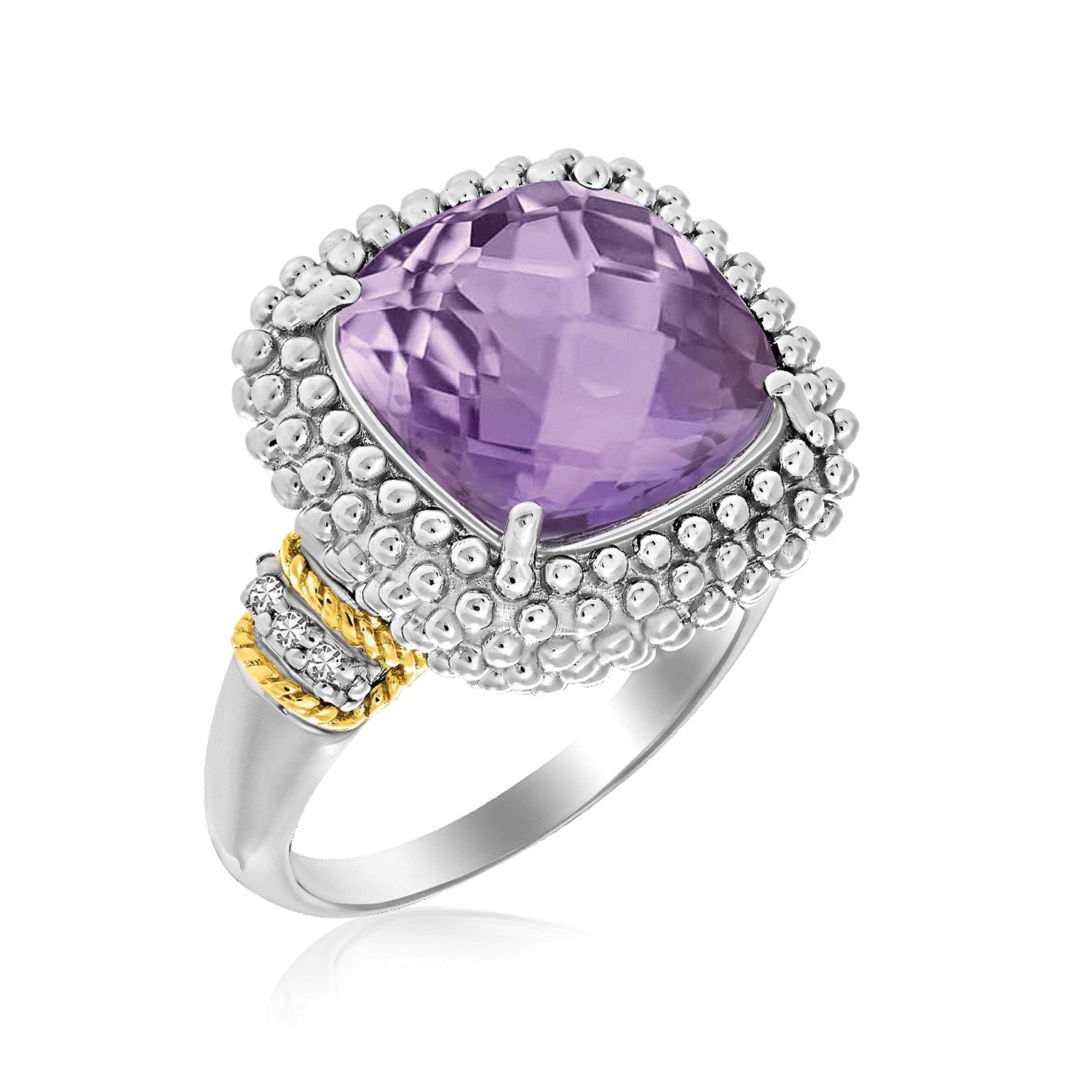 18k Yellow Gold & Sterling Silver Popcorn Ring with Amethyst and Diamond Accents in a sleek high-contrast midnight luxury edi