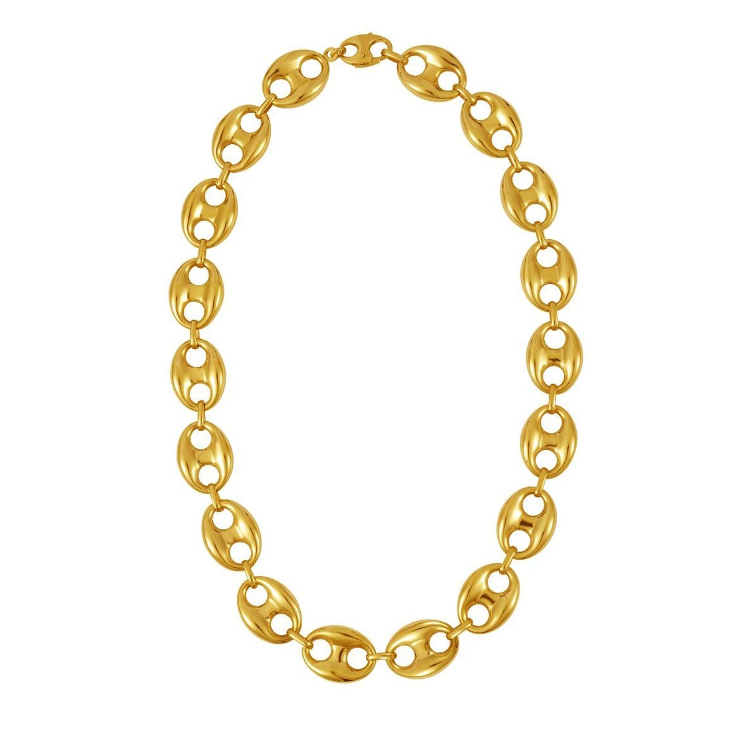 Puffed Mariner Link 16mm Necklace in 14K Yellow Gold in a sleek high-contrast midnight luxury editorial style