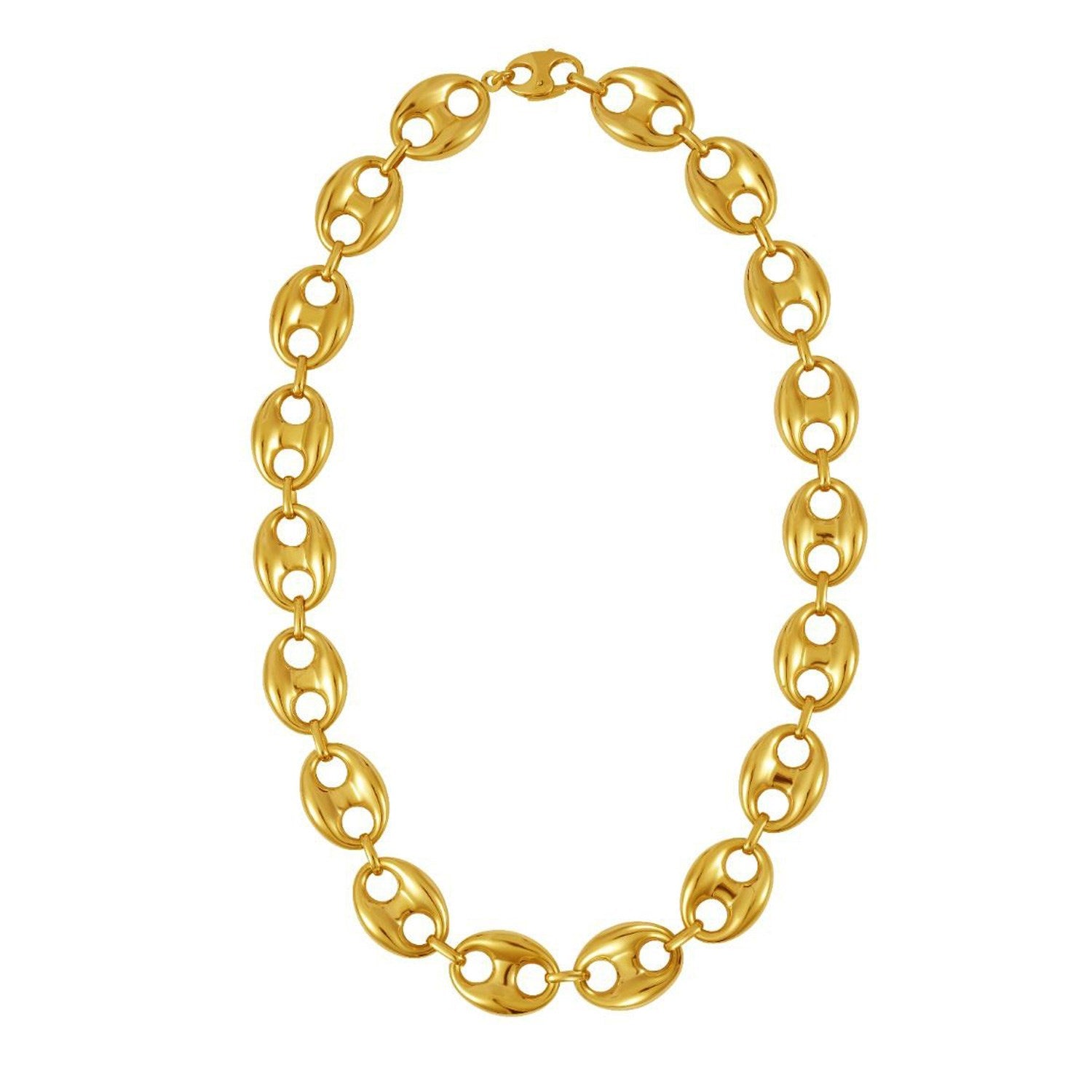 Puffed Mariner Link 16mm Necklace in 14K Yellow Gold in a sleek high-contrast midnight luxury editorial style