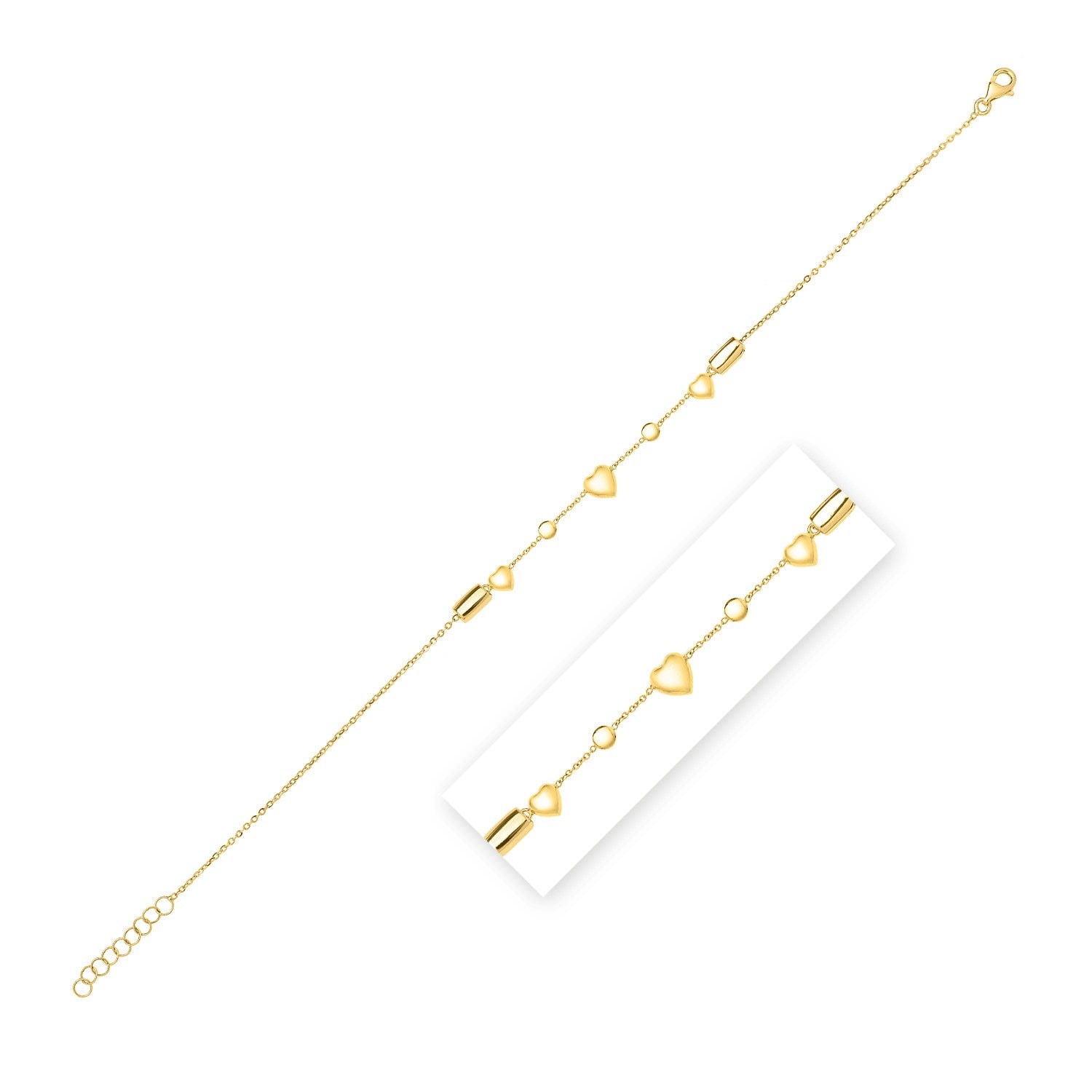 14k Yellow Gold Puff Heart Adjustable Anklet in a sleek high-contrast midnight luxury editorial style