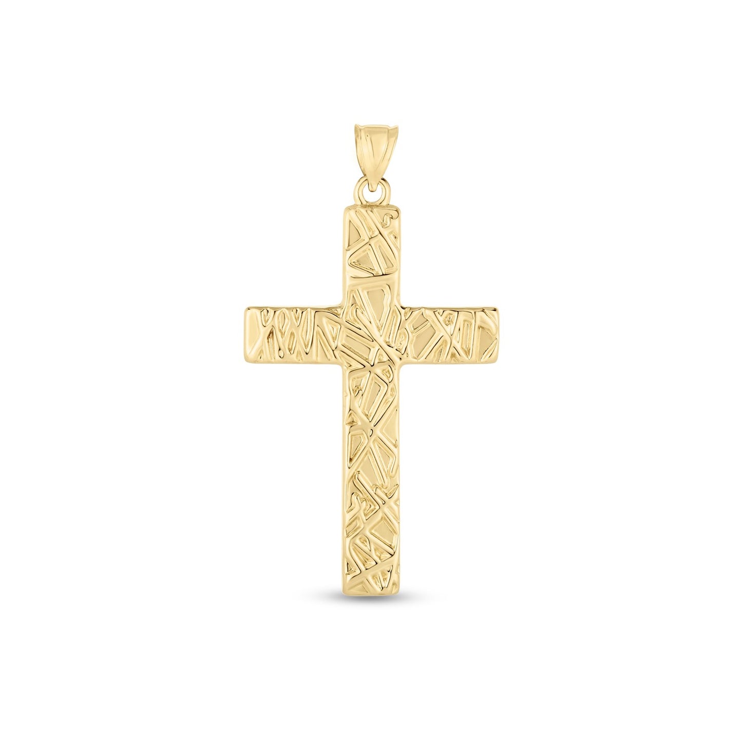 14k Yellow Gold High Polish Textured Cross Pendant in a sleek high-contrast midnight luxury editorial style