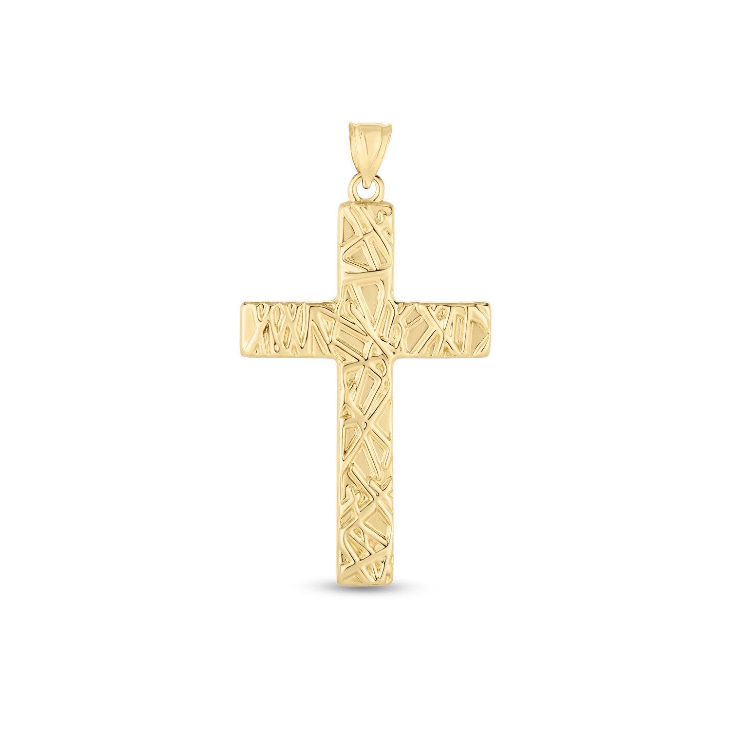 14k Yellow Gold High Polish Textured Cross Pendant in a sleek high-contrast midnight luxury editorial style