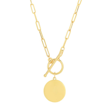 14k Yellow Gold Paperclip Chain Necklace with Circle Pendant