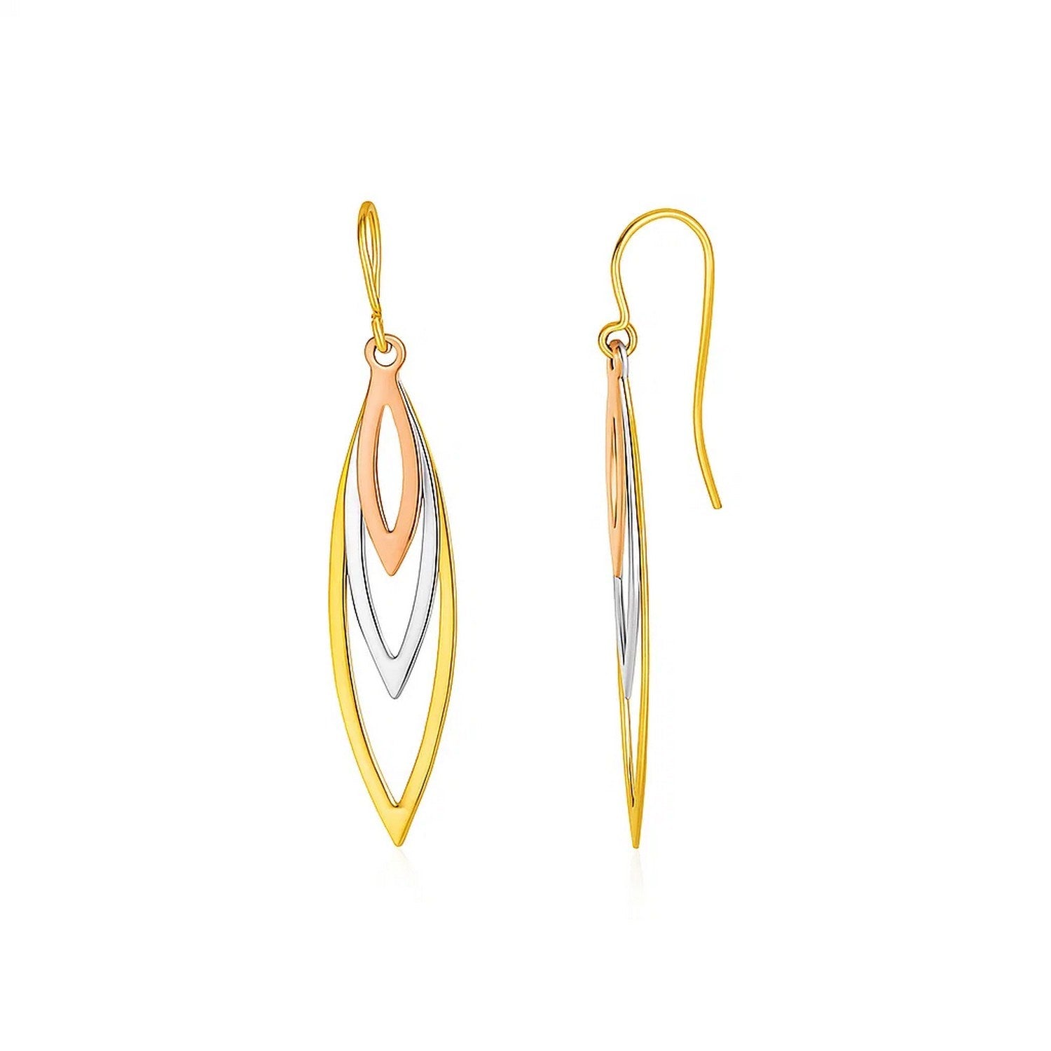 Tri-Tone Graduated Open Marquise Earrings in 10k Yellow, White, and Rose Gold in a sleek high-contrast midnight luxury editor