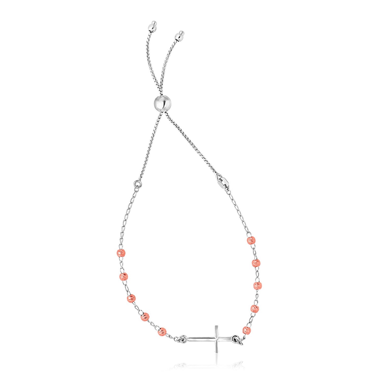 Sterling Silver White and Rose Finish Adjustable Bracelet with Cross (1.20 mm) in a sleek high-contrast midnight luxury edito