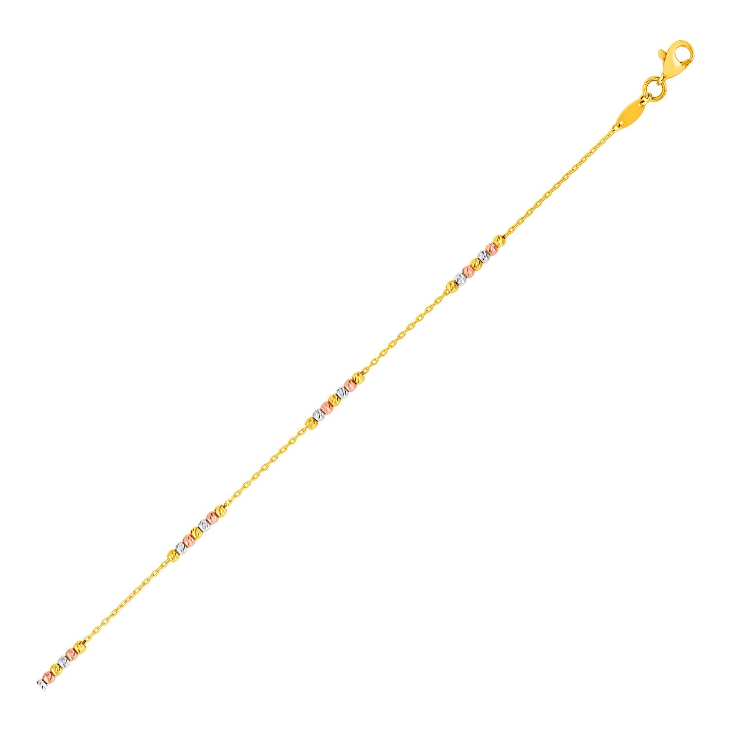 14k Tri Color Gold Anklet with Textured Beads in a sleek high-contrast midnight luxury editorial style