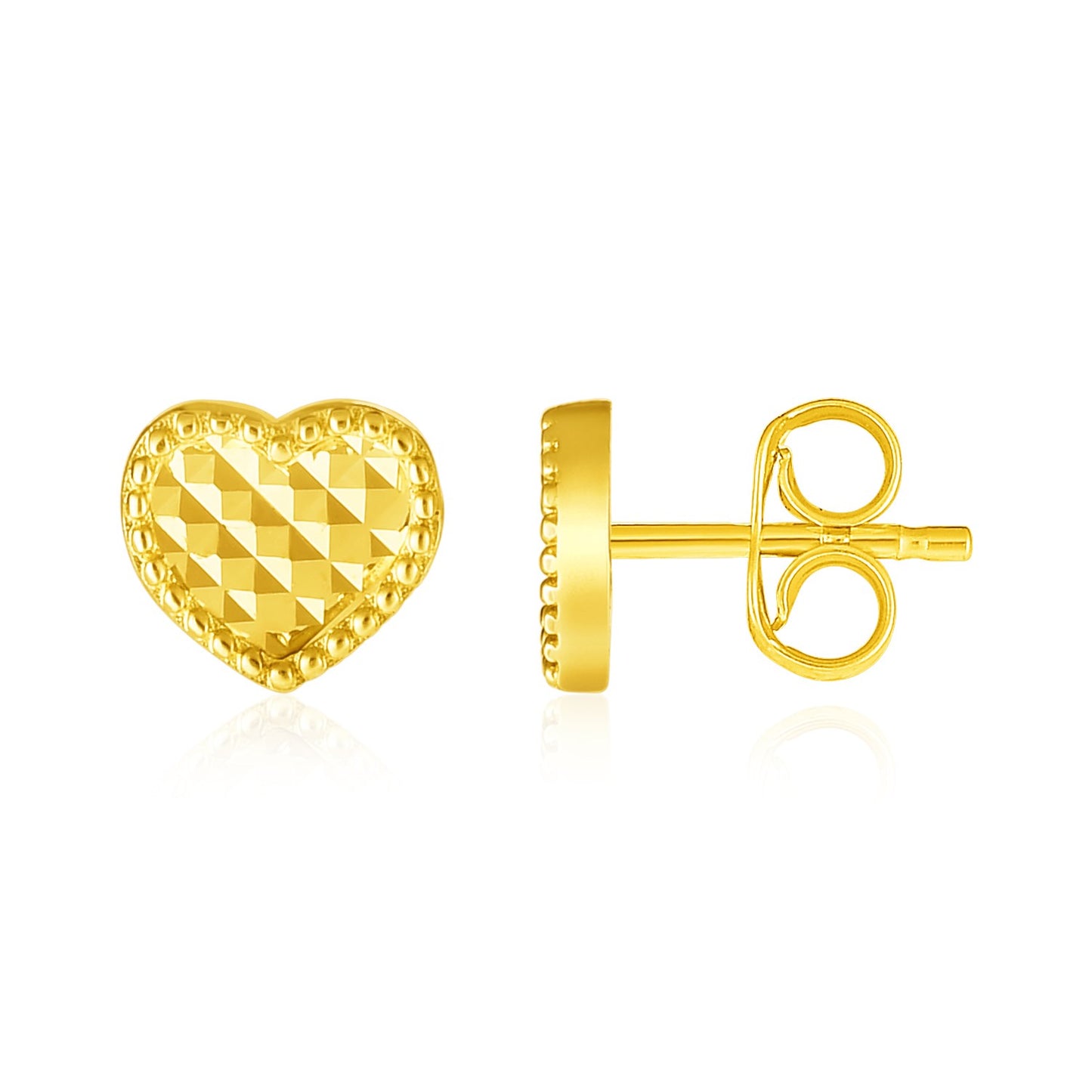 14k Yellow Gold Textured Heart Post Earrings in a sleek high-contrast midnight luxury editorial style