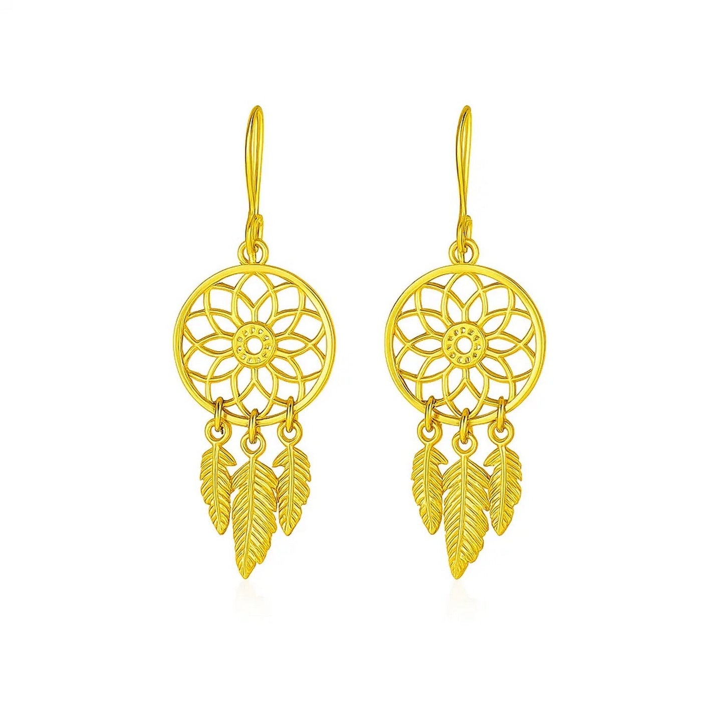 Dream Catcher Earrings in 14k Yellow Gold in a sleek high-contrast midnight luxury editorial style