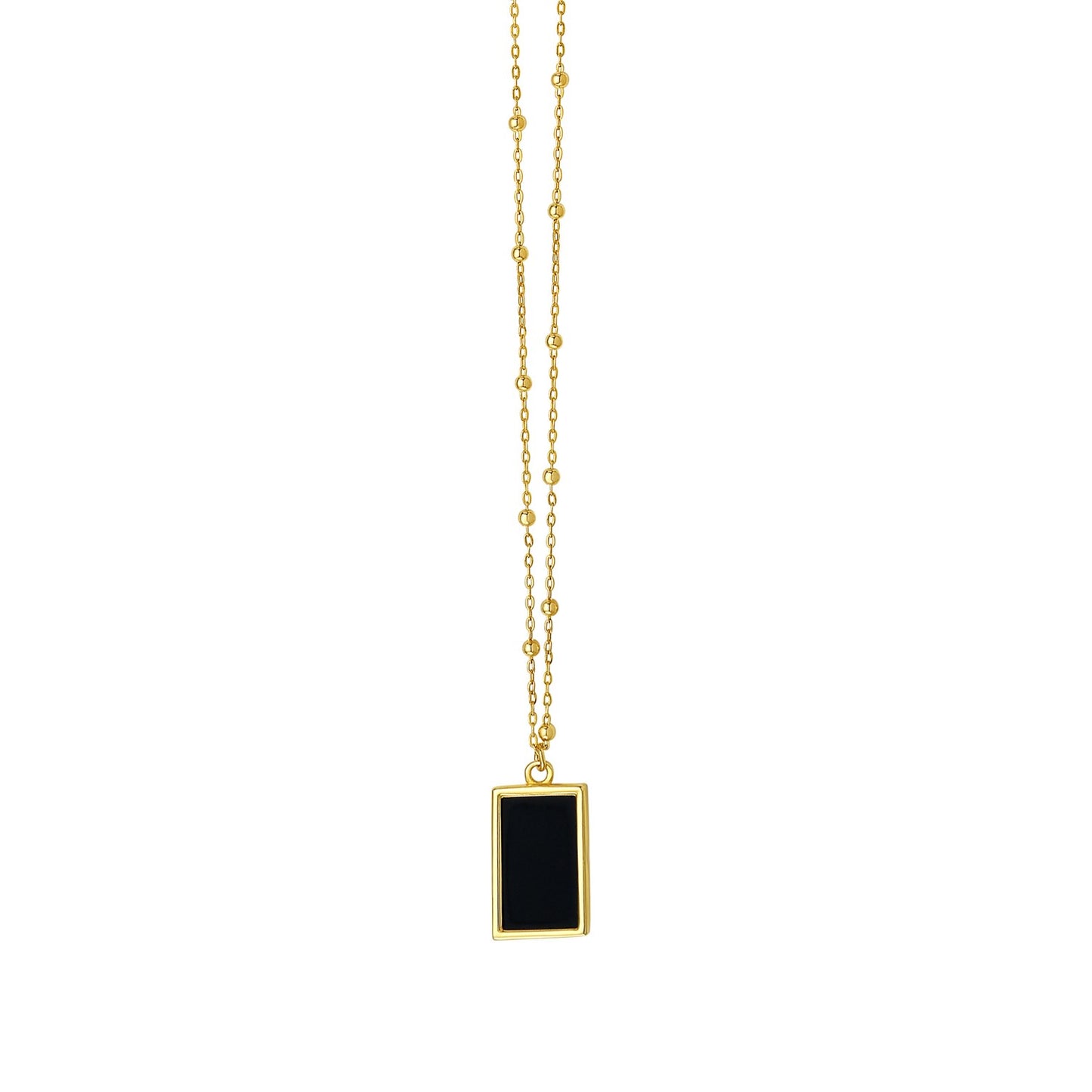 Onyx Geometric Rectangle Necklace in 14K Yellow Gold in a sleek high-contrast midnight luxury editorial style