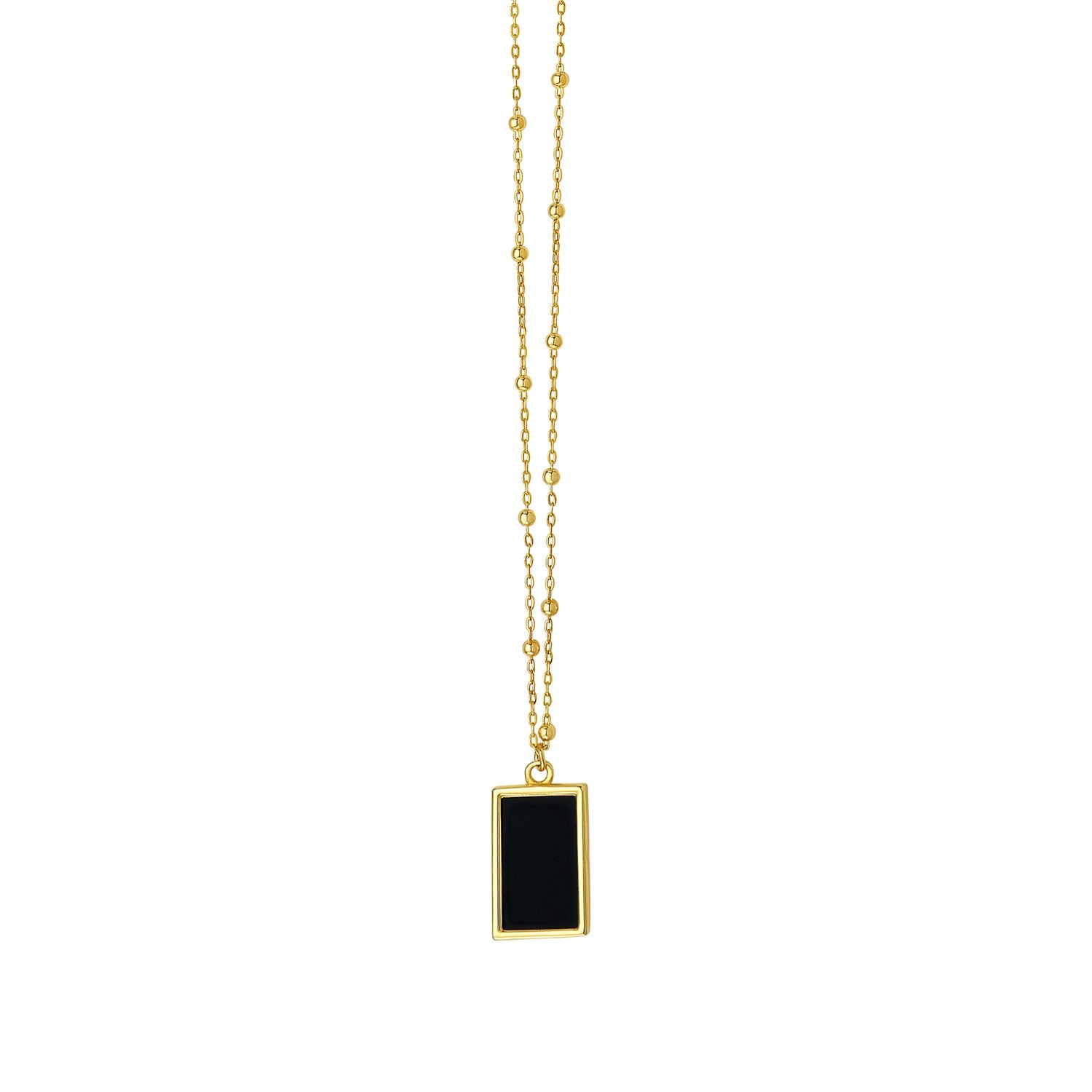 Onyx Geometric Rectangle Necklace in 14K Yellow Gold in a sleek high-contrast midnight luxury editorial style