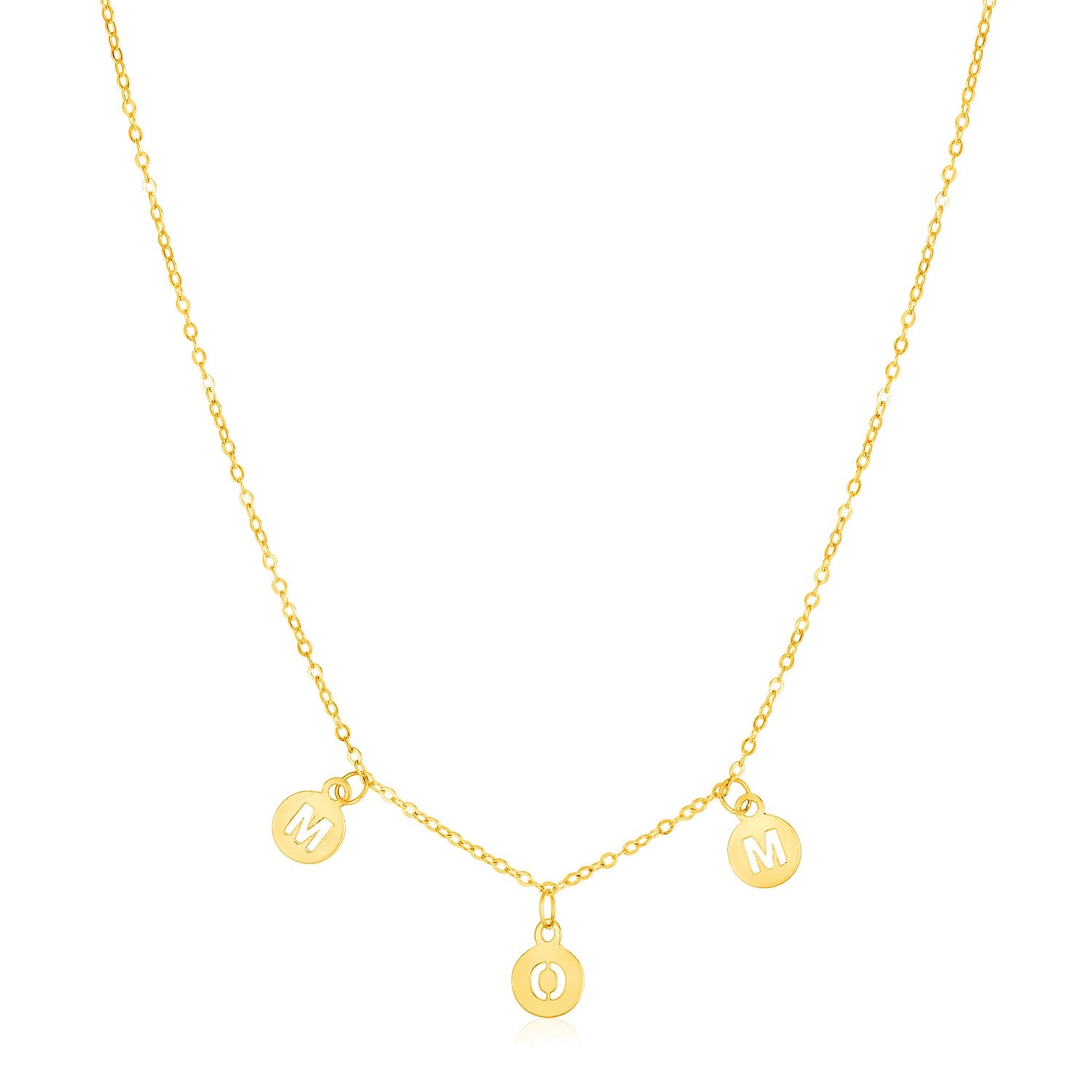14k Yellow Gold Mom Necklace with Circle Drops in a sleek high-contrast midnight luxury editorial style