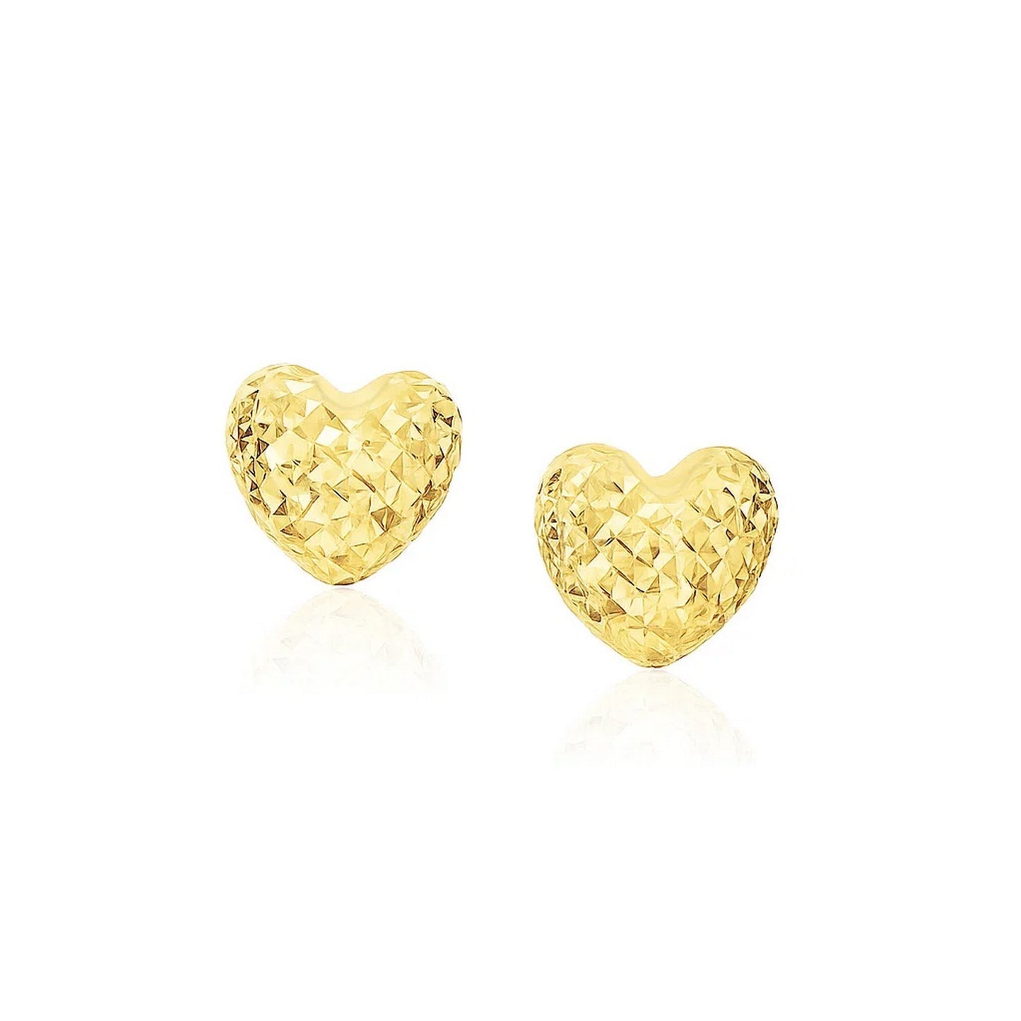 14k Yellow Gold Puffed Heart Earrings with Diamond Cuts(8mm) in a sleek high-contrast midnight luxury editorial style