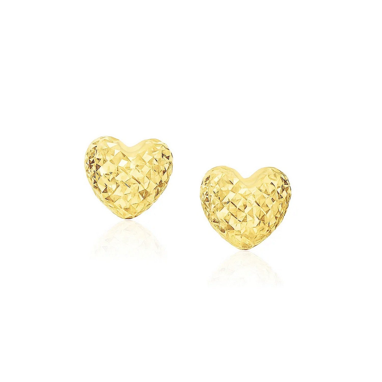 14k Yellow Gold Puffed Heart Earrings with Diamond Cuts(8mm) in a sleek high-contrast midnight luxury editorial style