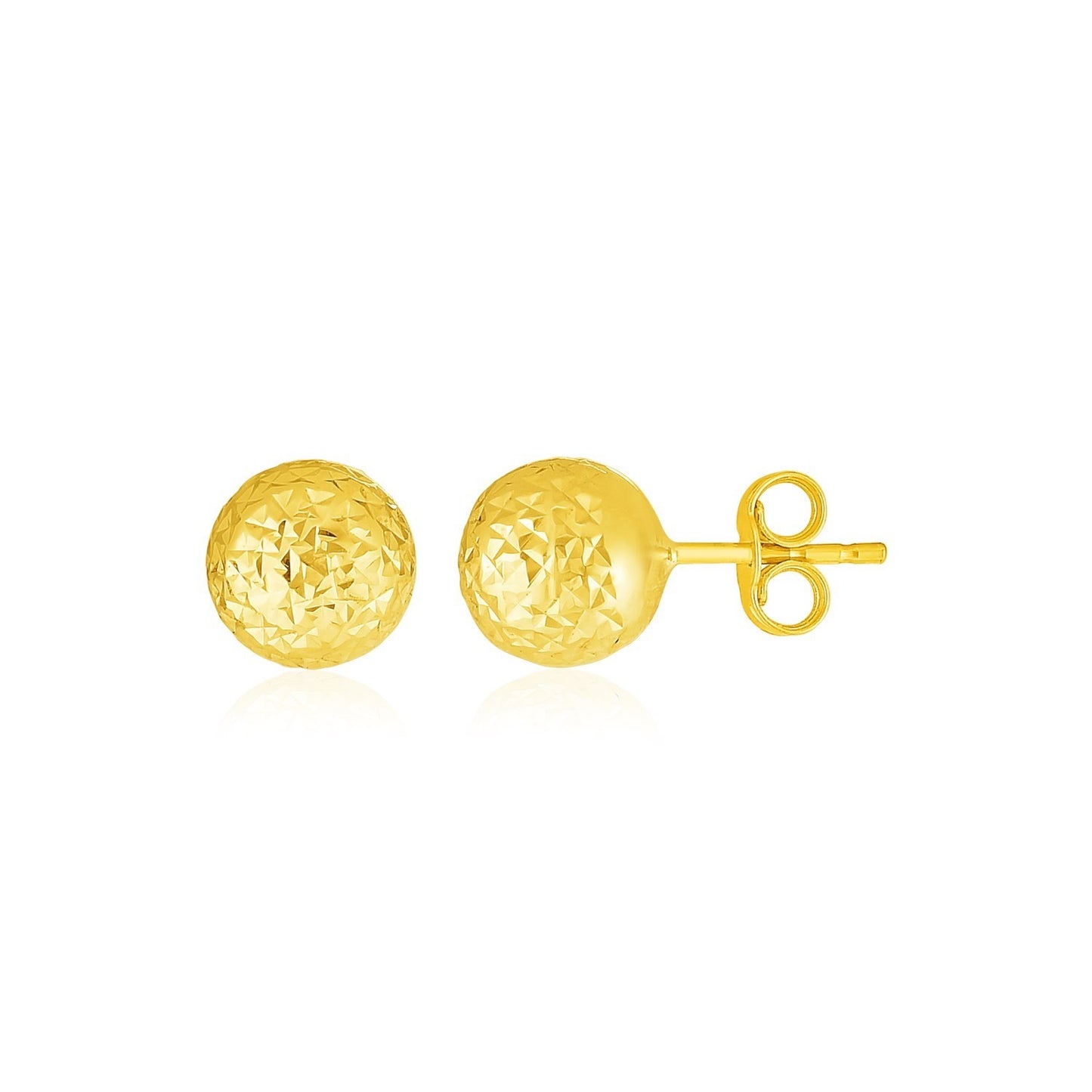 14k Yellow Gold Ball Earrings with Crystal Cut Texture(5mm) in a sleek high-contrast midnight luxury editorial style