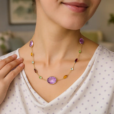 14k Yellow Gold Necklace with Multi-Colored Stones