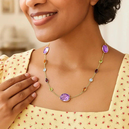 14k Yellow Gold Necklace with Multi-Colored Stones - Peelerie