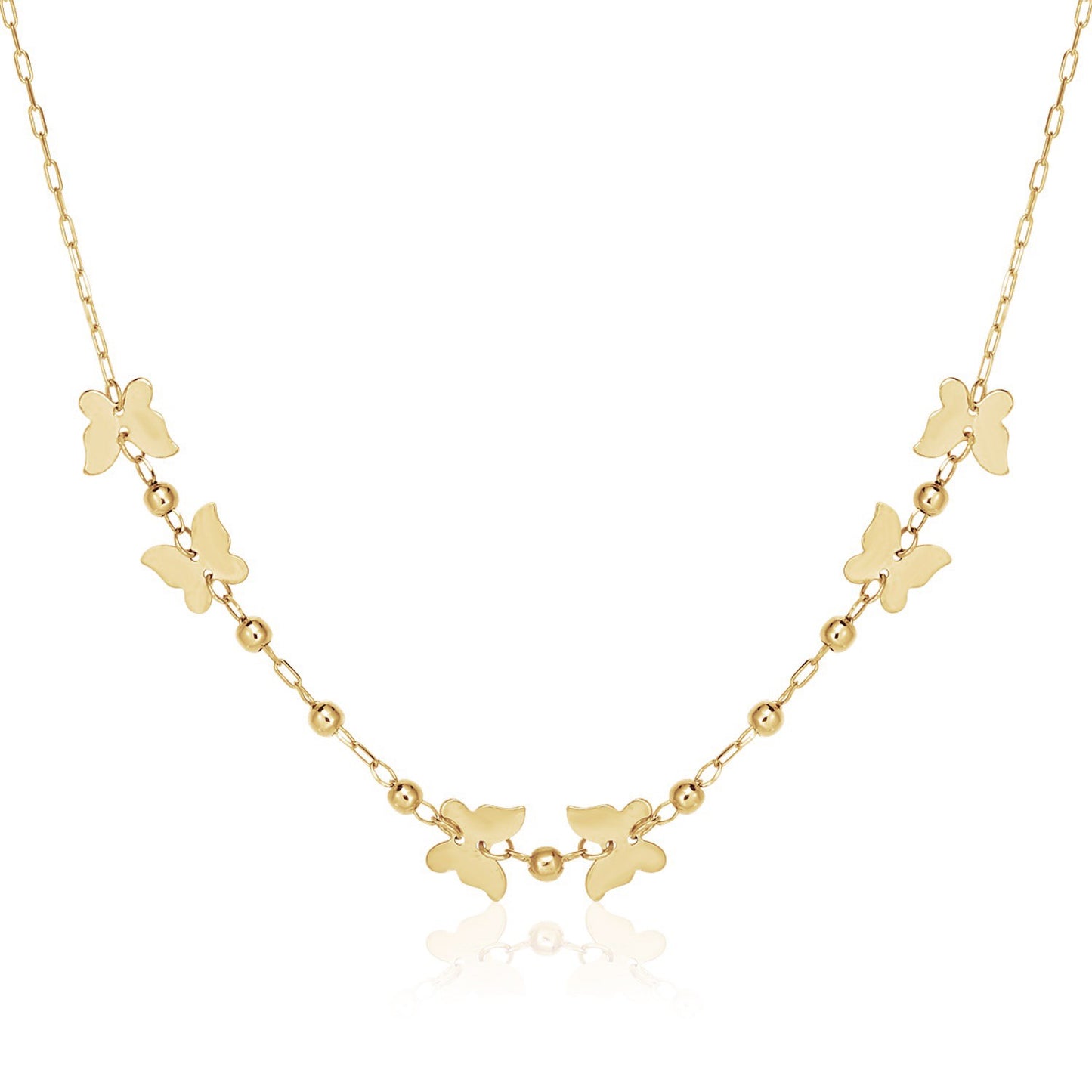 14k Yellow Gold 18 inch Necklace with Polished Butterflies and Beads in a sleek high-contrast midnight luxury editorial style