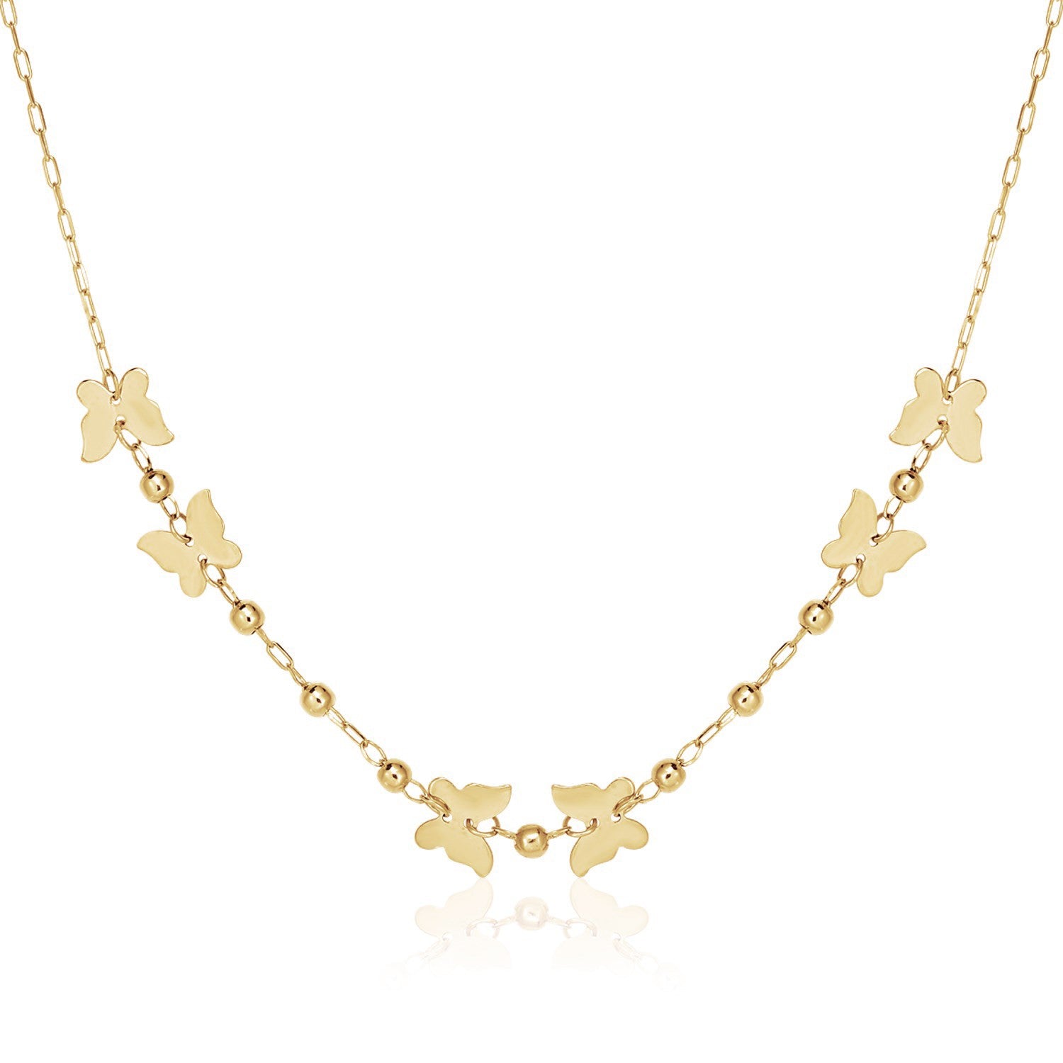 14k Yellow Gold 18 inch Necklace with Polished Butterflies and Beads in a sleek high-contrast midnight luxury editorial style