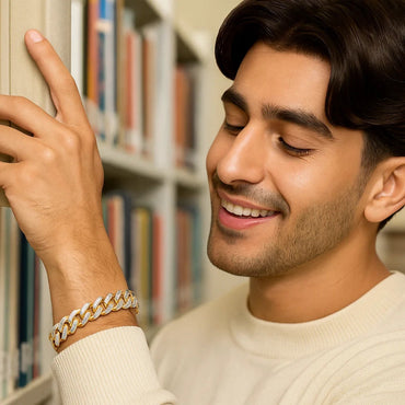 14k Two Tone Gold 8 1/2 inch Curb Chain Bracelet with White Pave (11.50 mm)