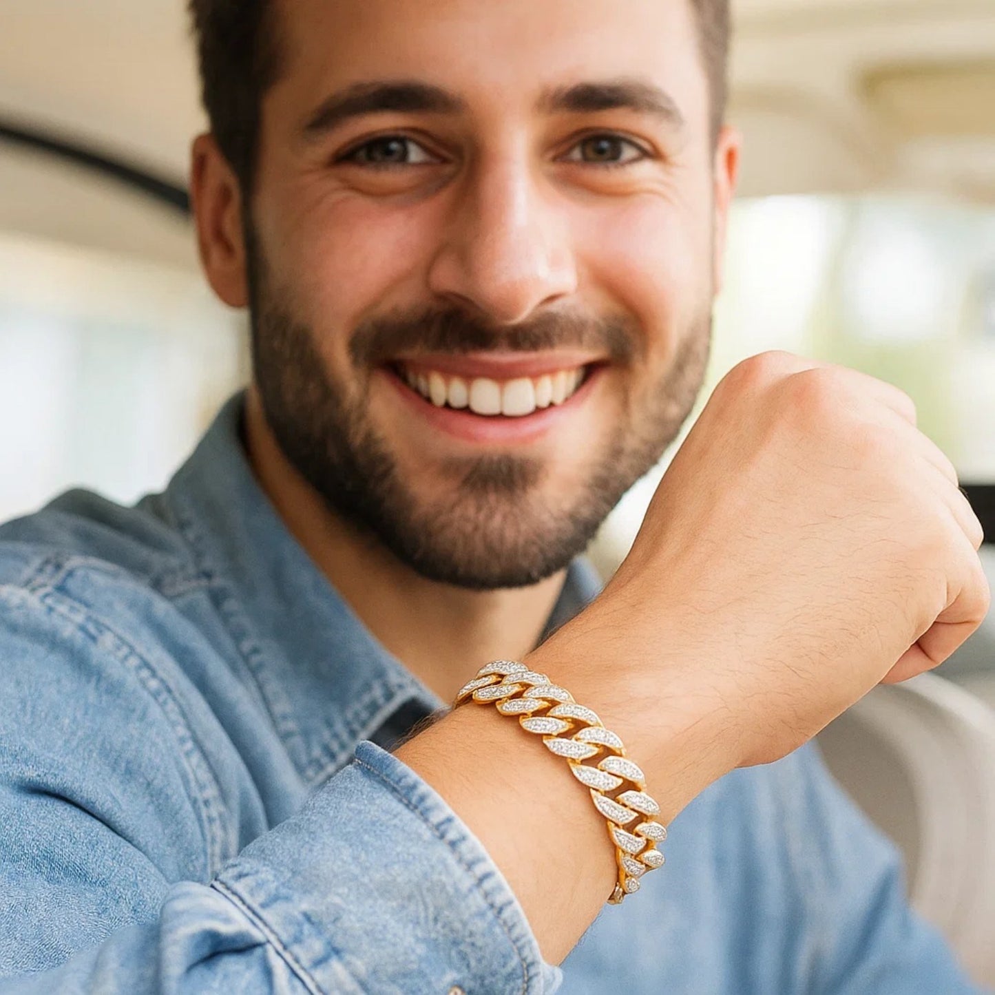 14k Two Tone Gold 8 1/2 inch Curb Chain Bracelet with White Pave (11.50 mm)