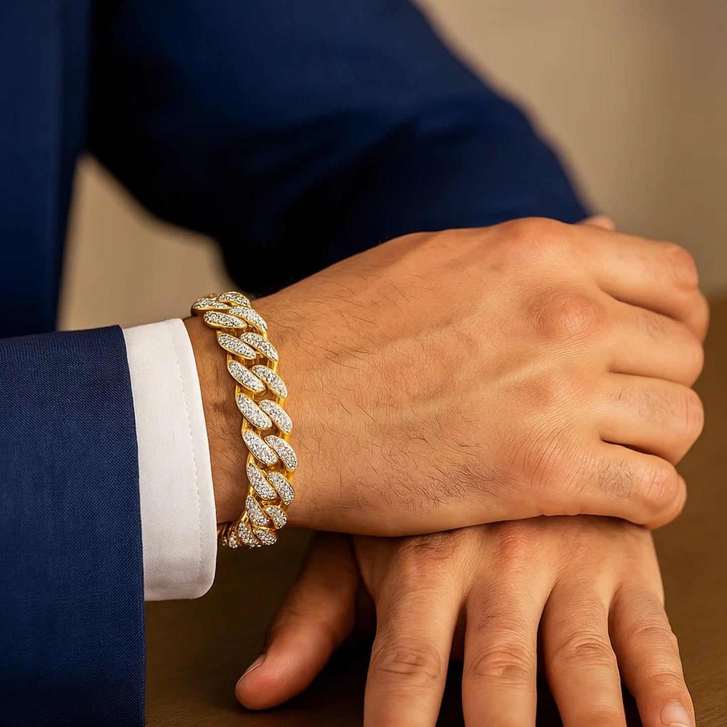 14k Two Tone Gold 8 1/2 inch Curb Chain Bracelet with White Pave (11.50 mm)