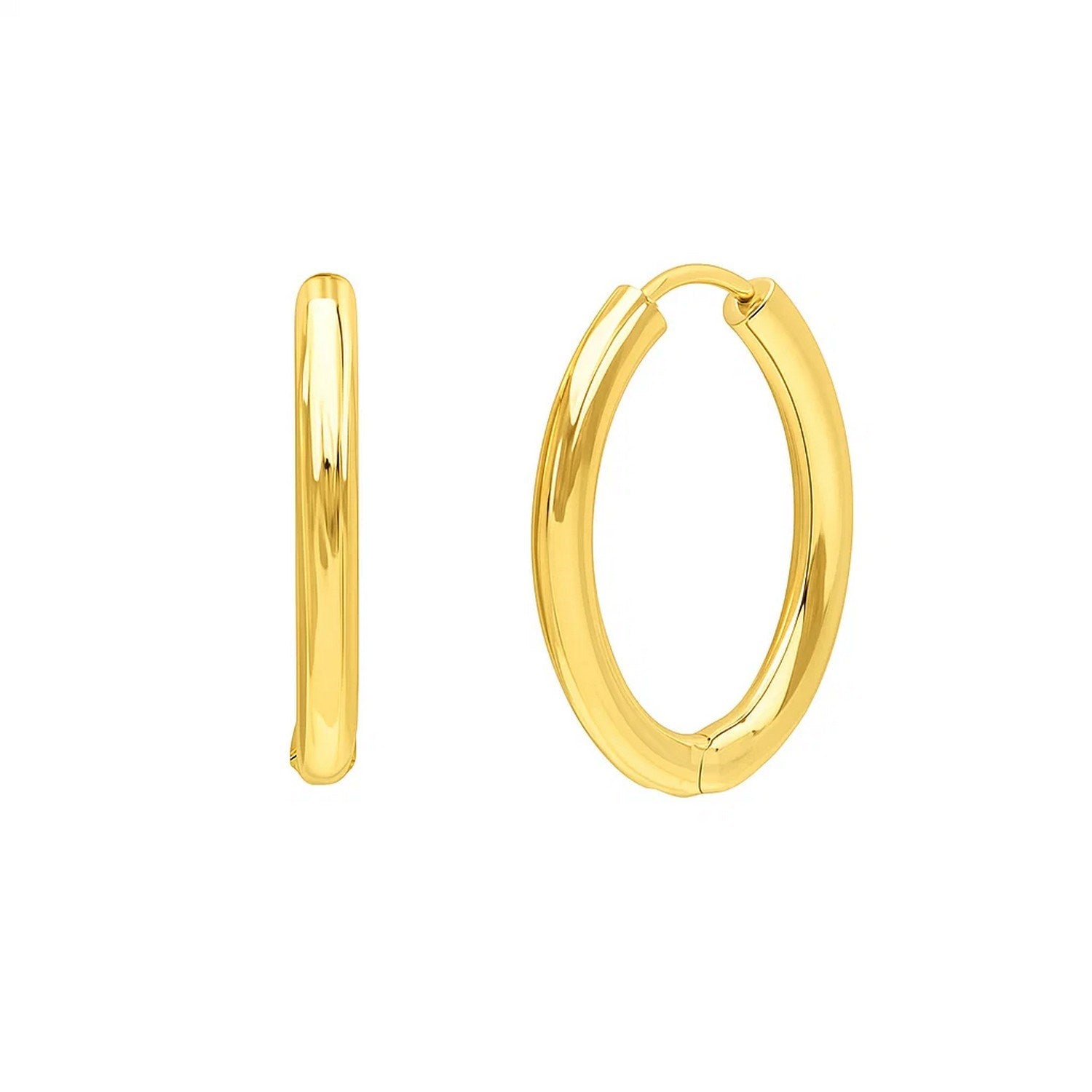 Endless Engraved Oval Hoop Earrings in 14K Yellow Gold in a sleek high-contrast midnight luxury editorial style
