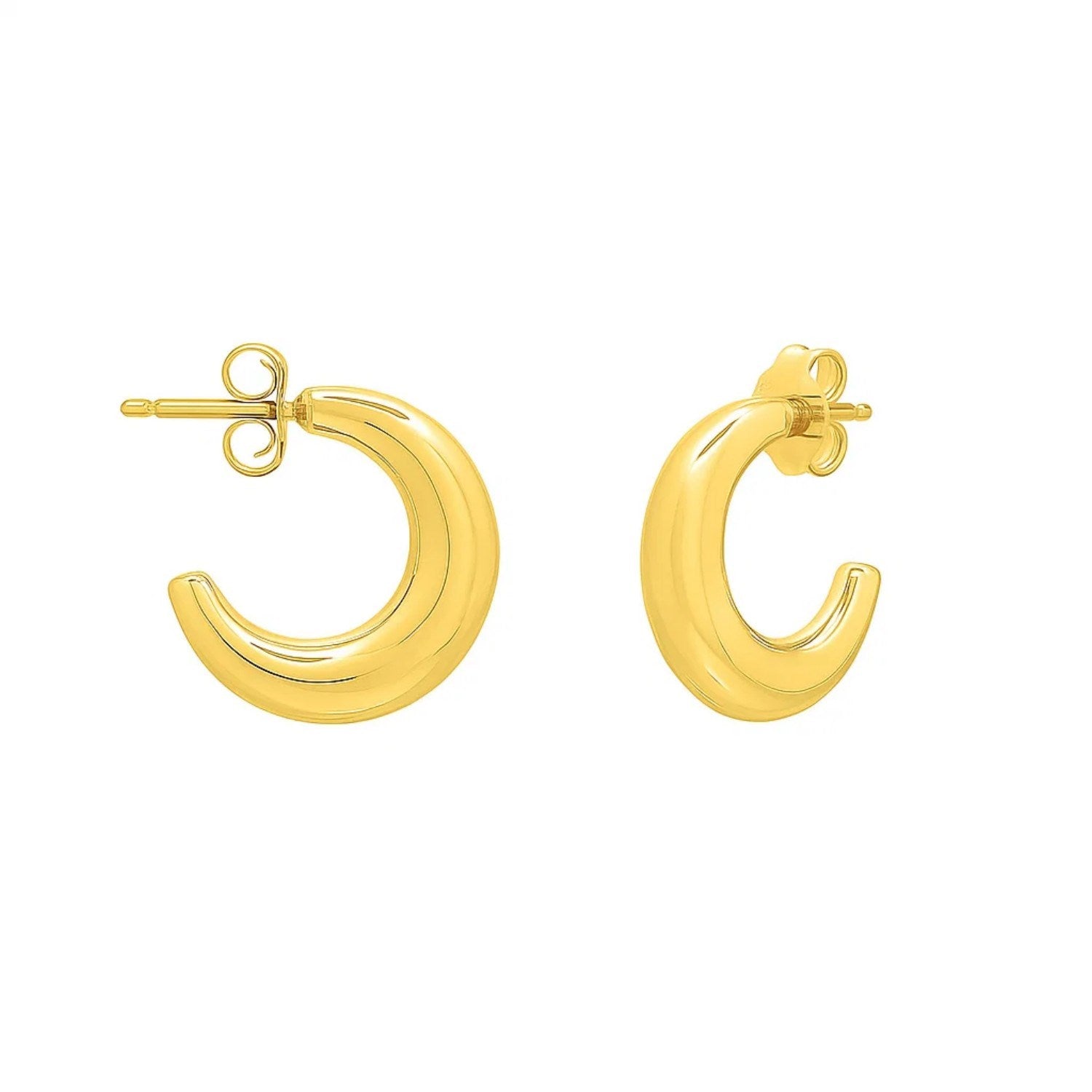 Puffy C Shaped Hoop Earrings in 14K Yellow Gold in a sleek high-contrast midnight luxury editorial style