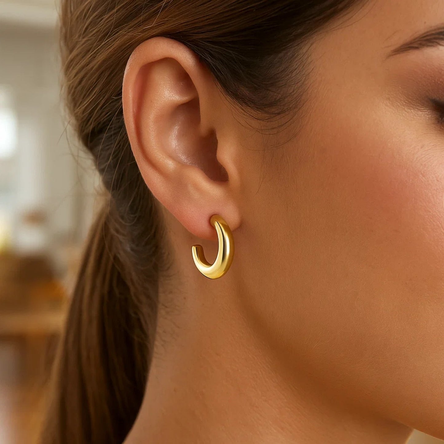 Puffy C Shaped Hoop Earrings in 14K Yellow Gold