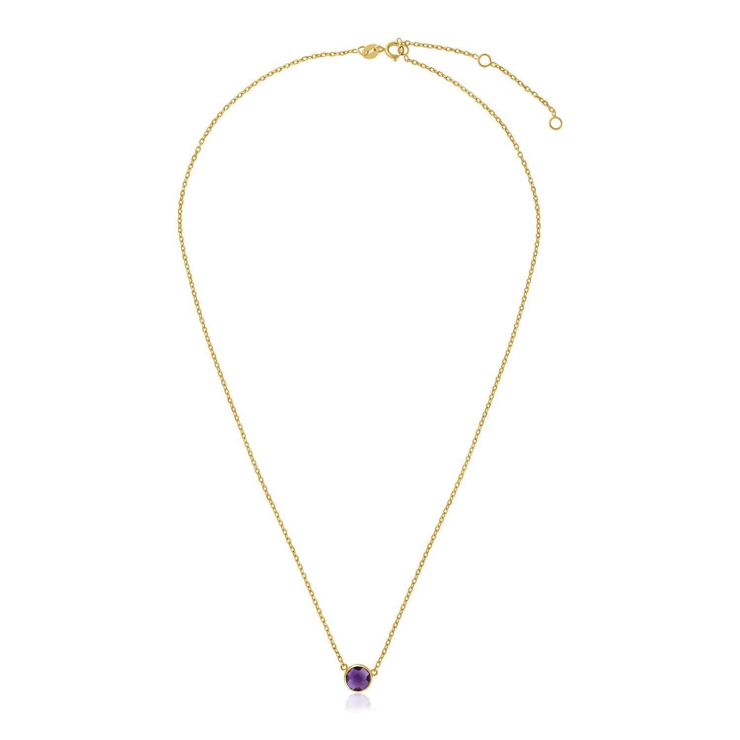 14k Yellow Gold 17 inch Necklace with Round Amethyst in a sleek high-contrast midnight luxury editorial style