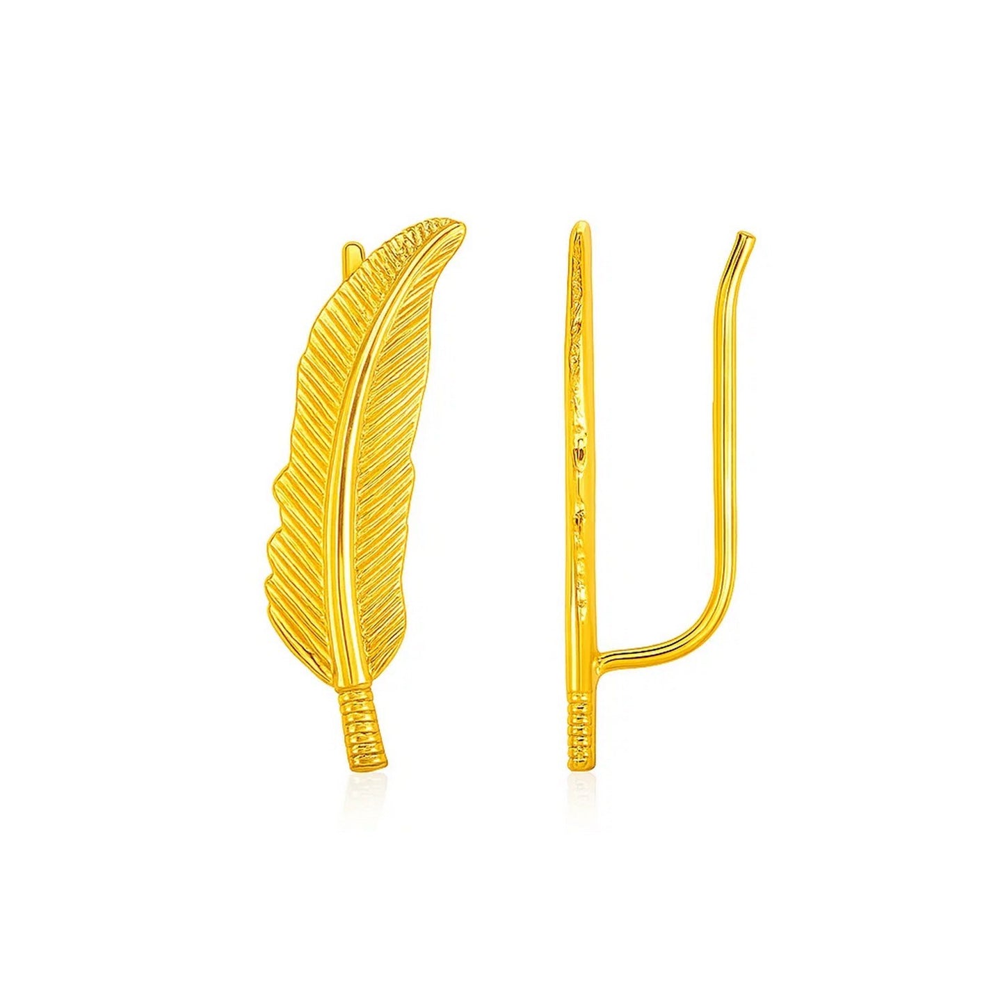 Textured Feather Climber Earrings in 14k Yellow Gold in a sleek high-contrast midnight luxury editorial style