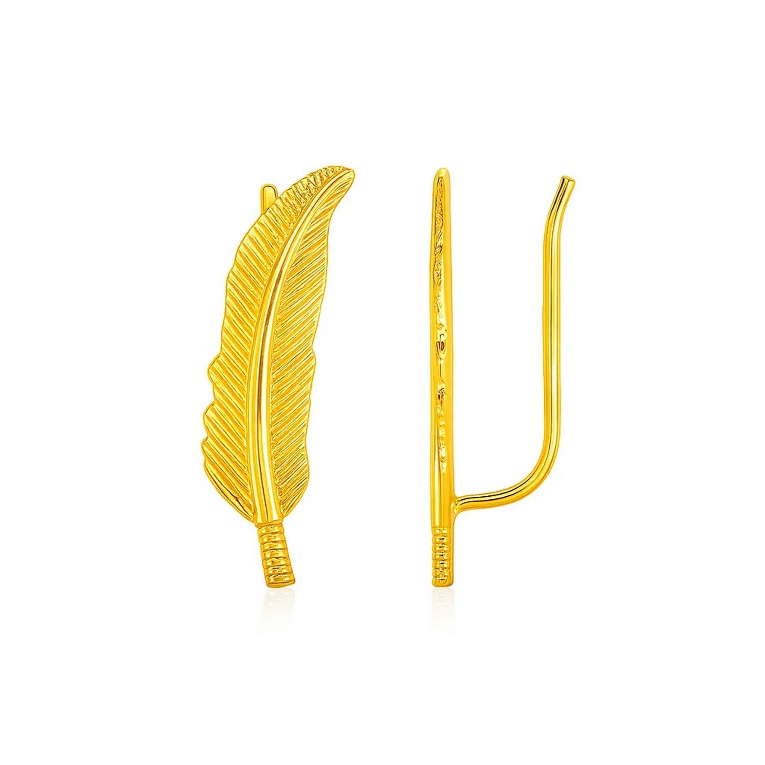 Textured Feather Climber Earrings in 14k Yellow Gold in a sleek high-contrast midnight luxury editorial style