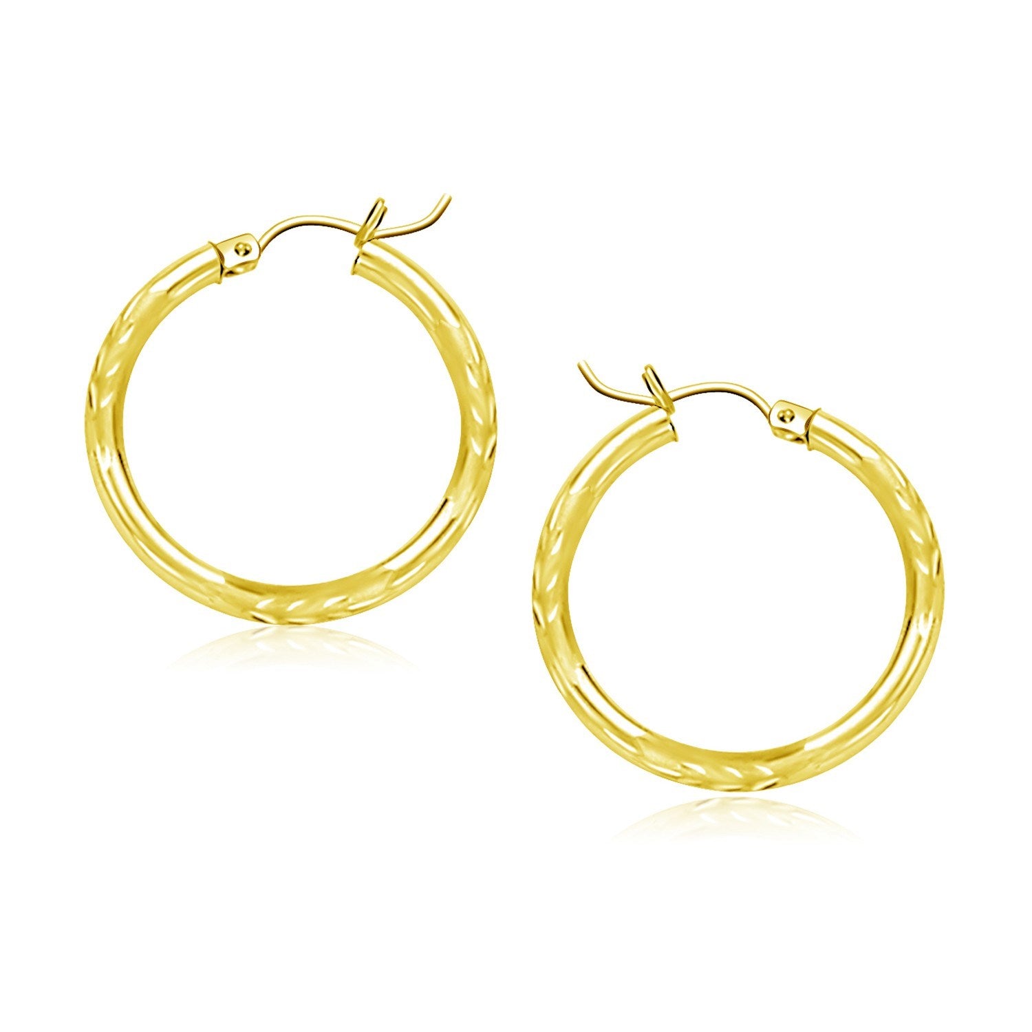 10k Yellow Gold Diamond Cut Hoop Earrings (3x20mm) in a sleek high-contrast midnight luxury editorial style