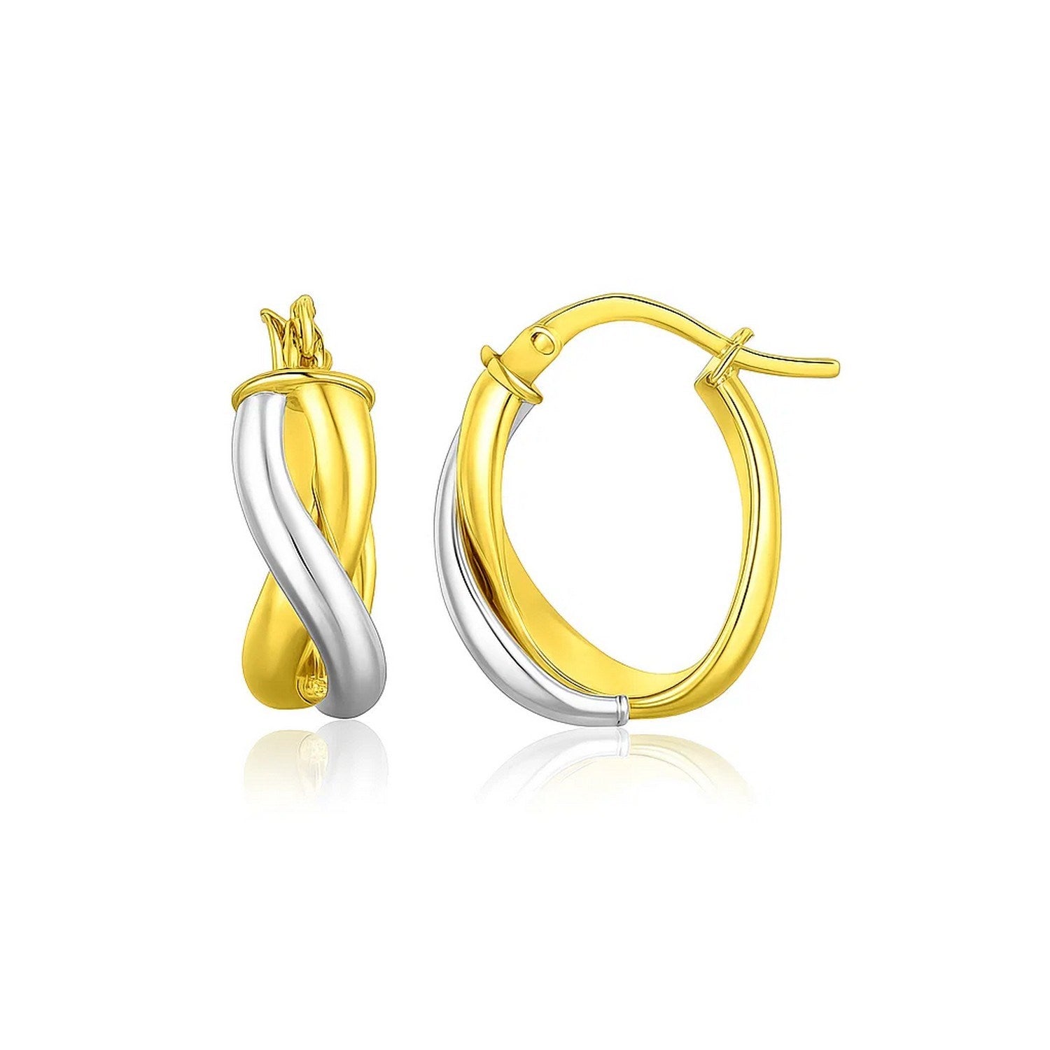 14k Two Tone Gold Oval Twisted Hoop Earrings in a sleek high-contrast midnight luxury editorial style