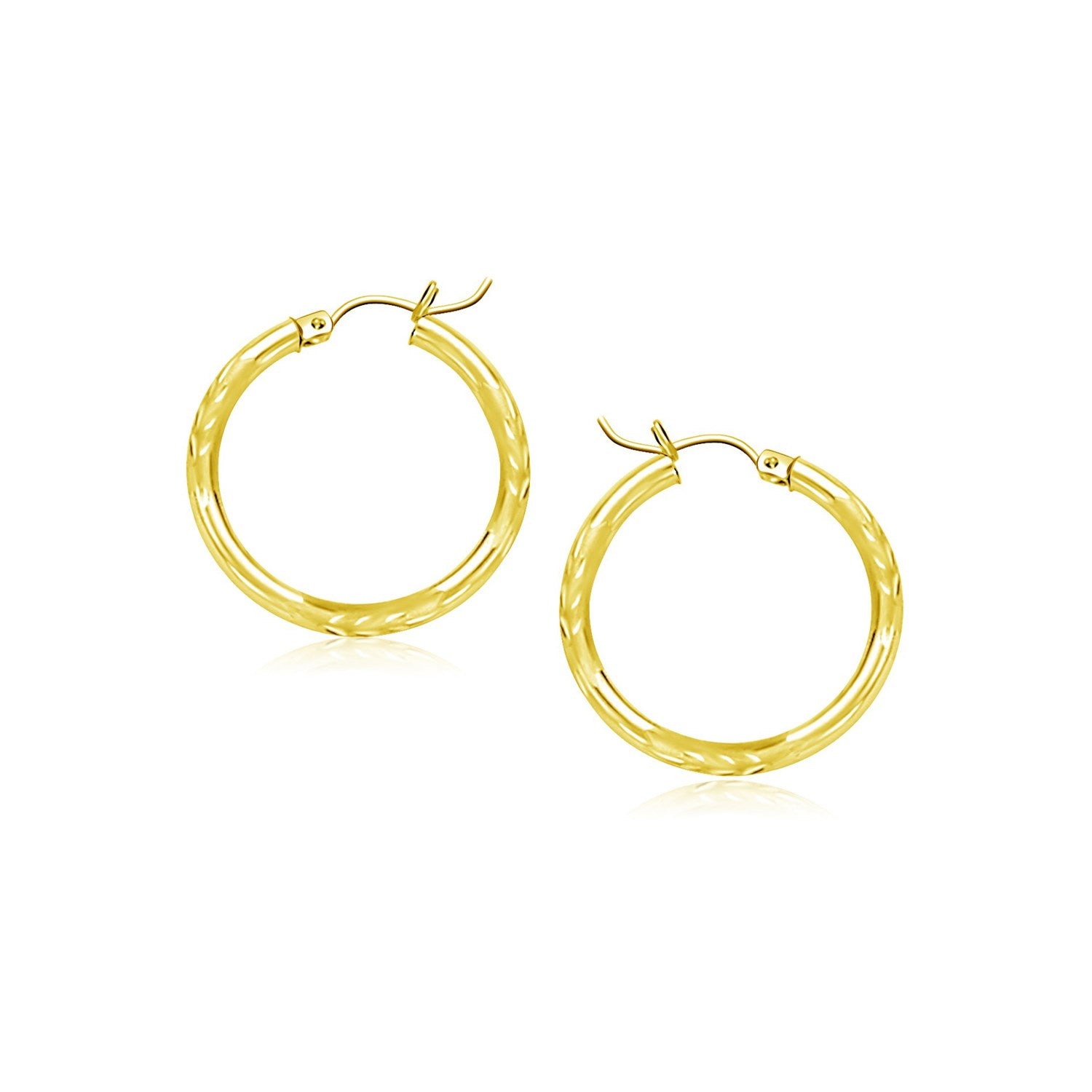 10k Yellow Gold Diamond Cut Hoop Earrings (2x15mm) in a sleek high-contrast midnight luxury editorial style