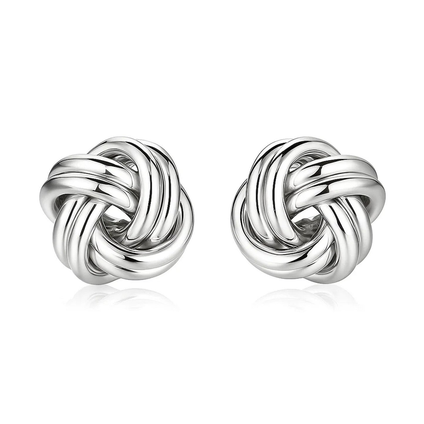 Sterling Silver Polished Two Strand Love Knot Earrings(13mm) in a sleek high-contrast midnight luxury editorial style