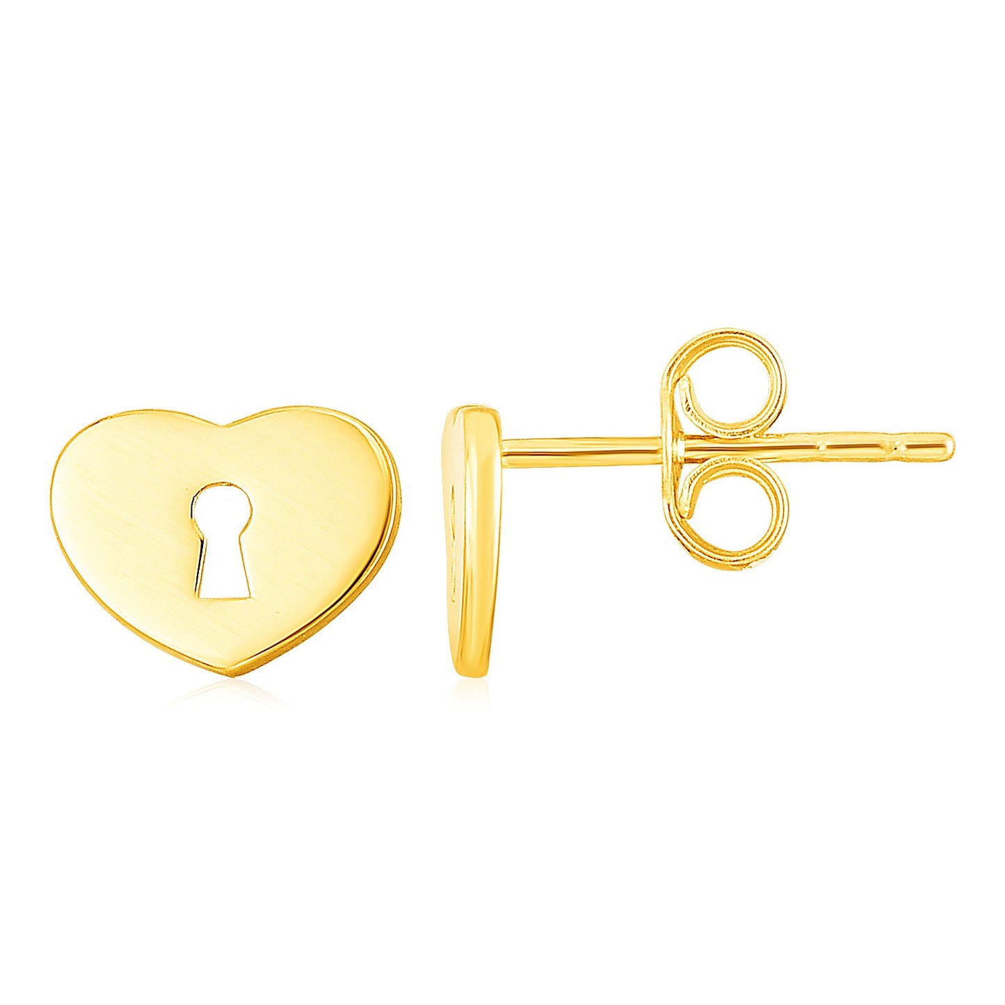 14k Yellow Gold Heart Padlock Stud Earrings in a sleek high-contrast midnight luxury editorial style