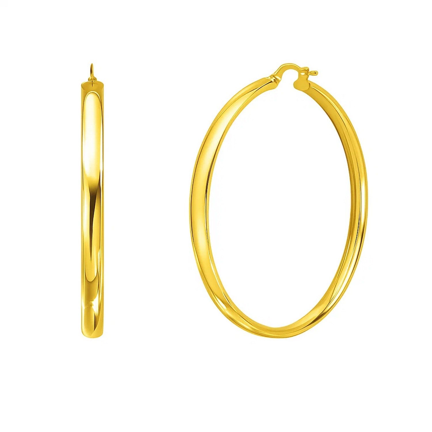 Large Wedding Hoop Earrings in 14K Yellow Gold in a sleek high-contrast midnight luxury editorial style