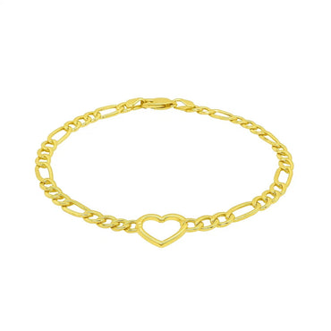 14k Yellow Gold 7 inch Figaro Chain Bracelet with Heart (4.50 mm)
