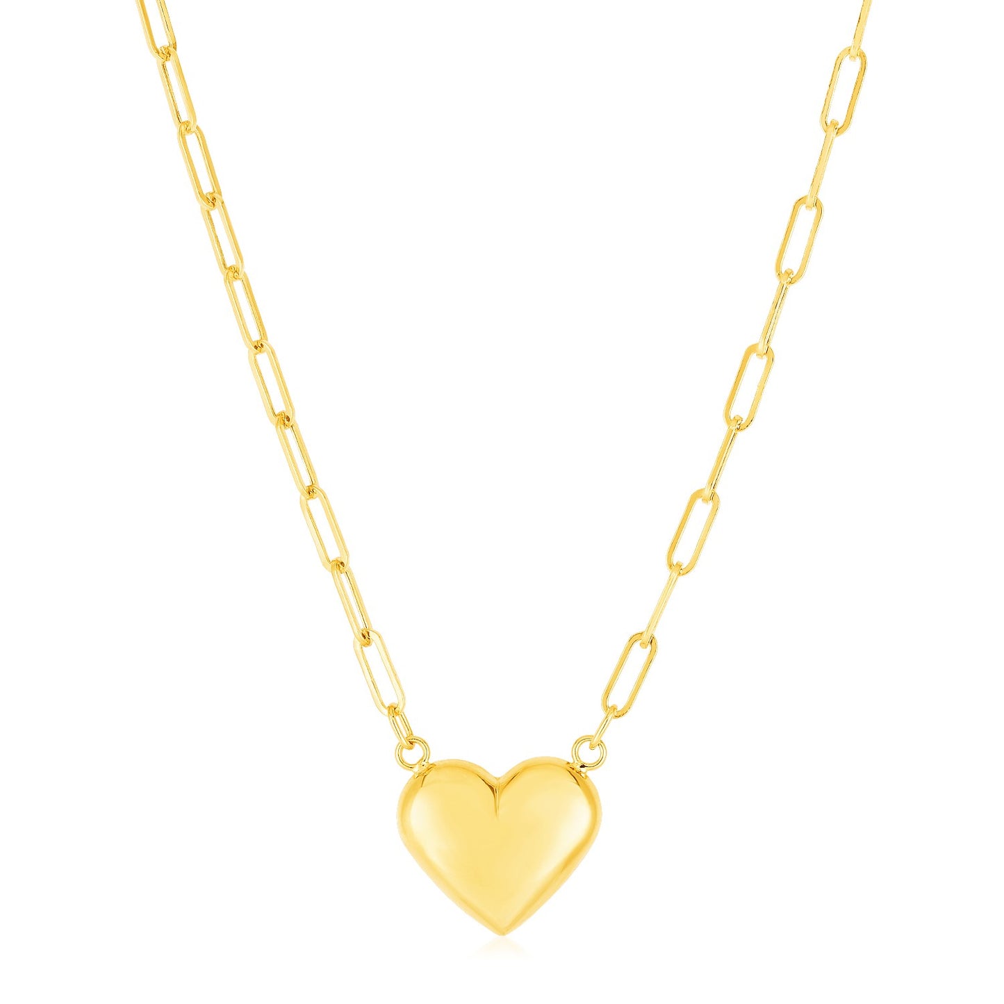 14k Yellow Gold Paperclip Chain Necklace with Puffed Heart in a sleek high-contrast midnight luxury editorial style
