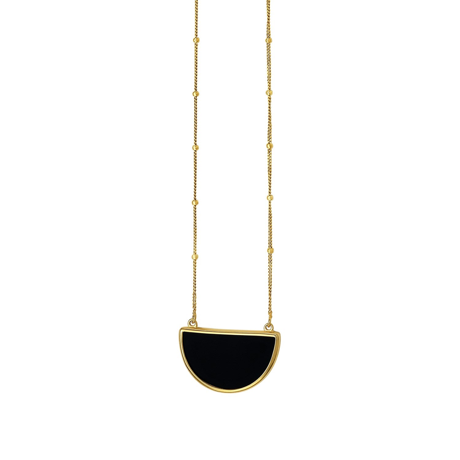 Onyx Geometric Half Moon Necklace in 14K Yellow Gold in a sleek high-contrast midnight luxury editorial style