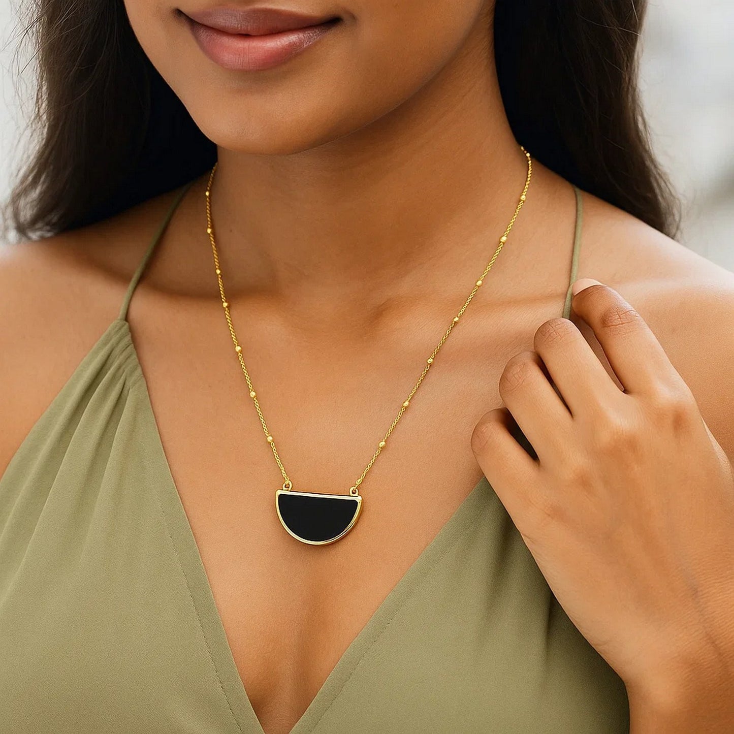 Onyx Geometric Half Moon Necklace in 14K Yellow Gold