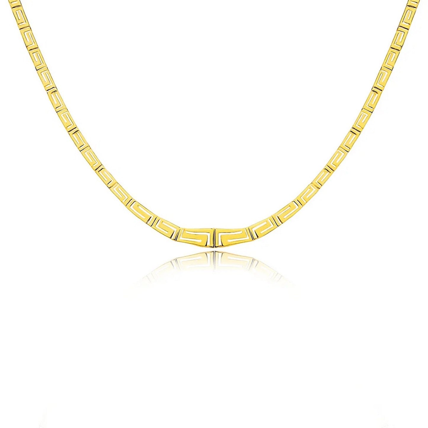 14K Yellow Gold Necklace with Graduated Greek Meander Motif Links in a sleek high-contrast midnight luxury editorial style