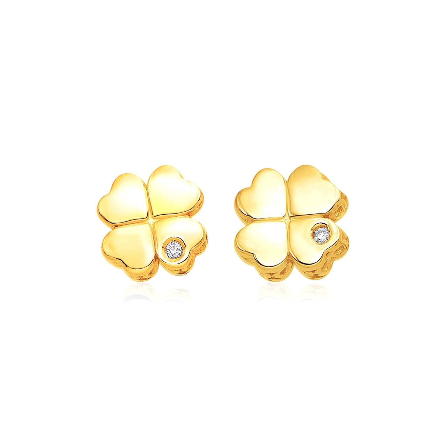 14k Yellow Gold Polished Four Leaf Clover Earrings with Diamonds(7mm) in a sleek high-contrast midnight luxury editorial styl