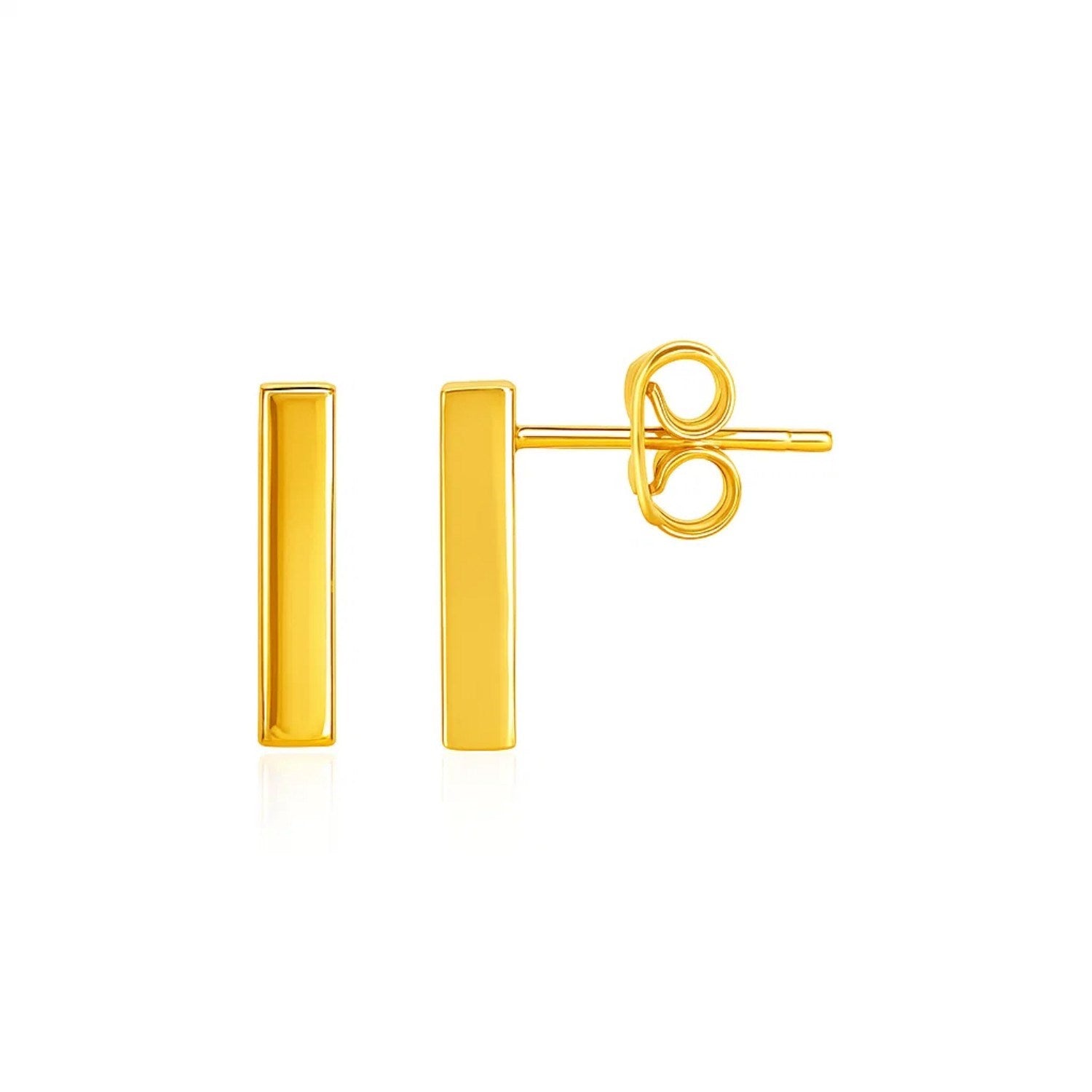 Bar Post Earrings in 14k Yellow Gold in a sleek high-contrast midnight luxury editorial style