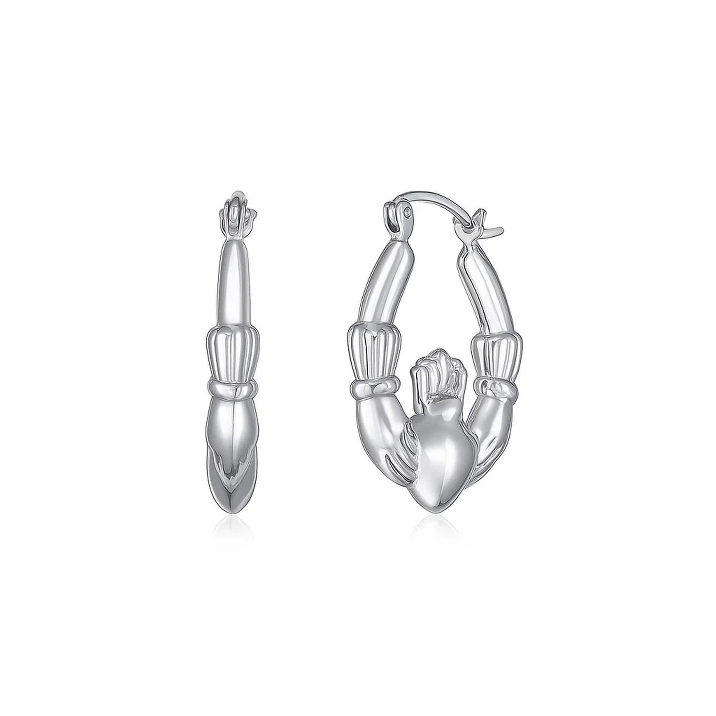 14K White Gold Claddagh Symbol Hoop Earrings in a sleek high-contrast midnight luxury editorial style