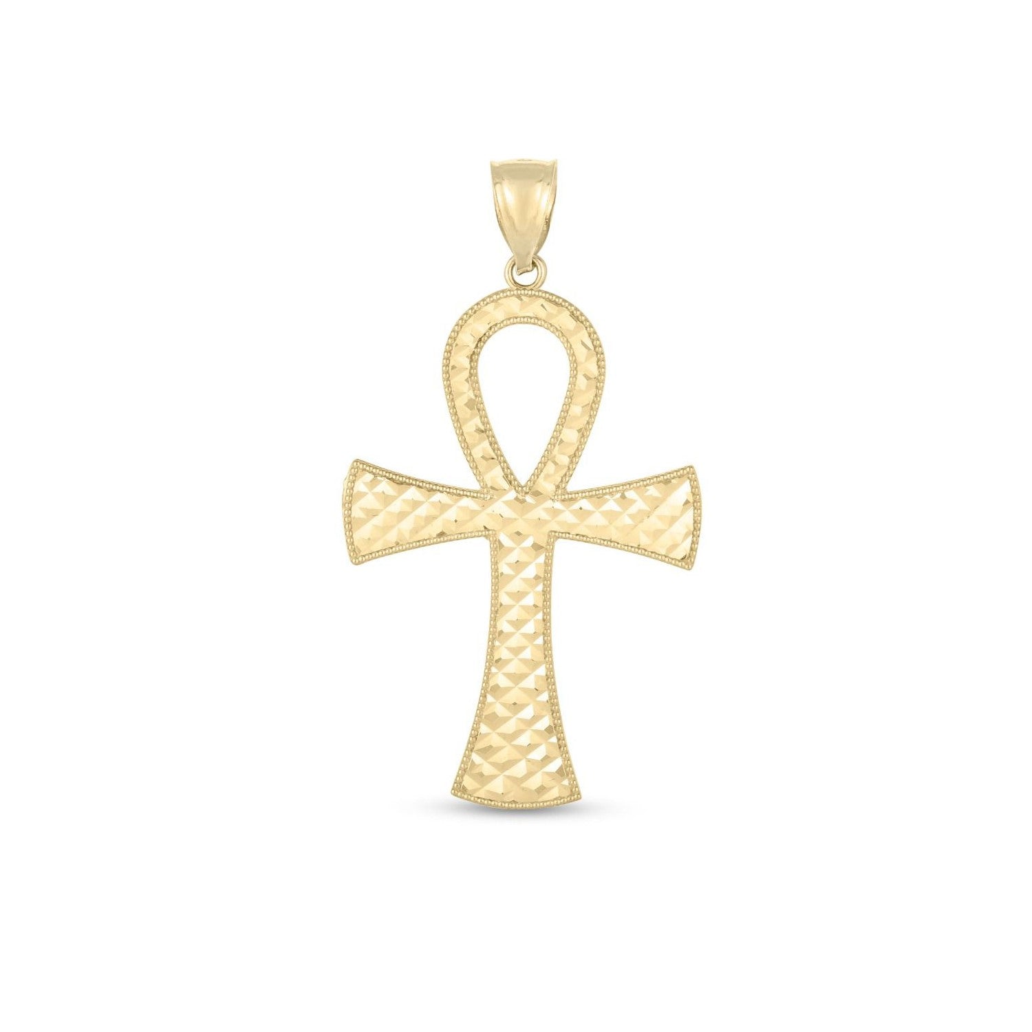 14k Yellow Gold High Polish Textured Ankh Pendant in a sleek high-contrast midnight luxury editorial style