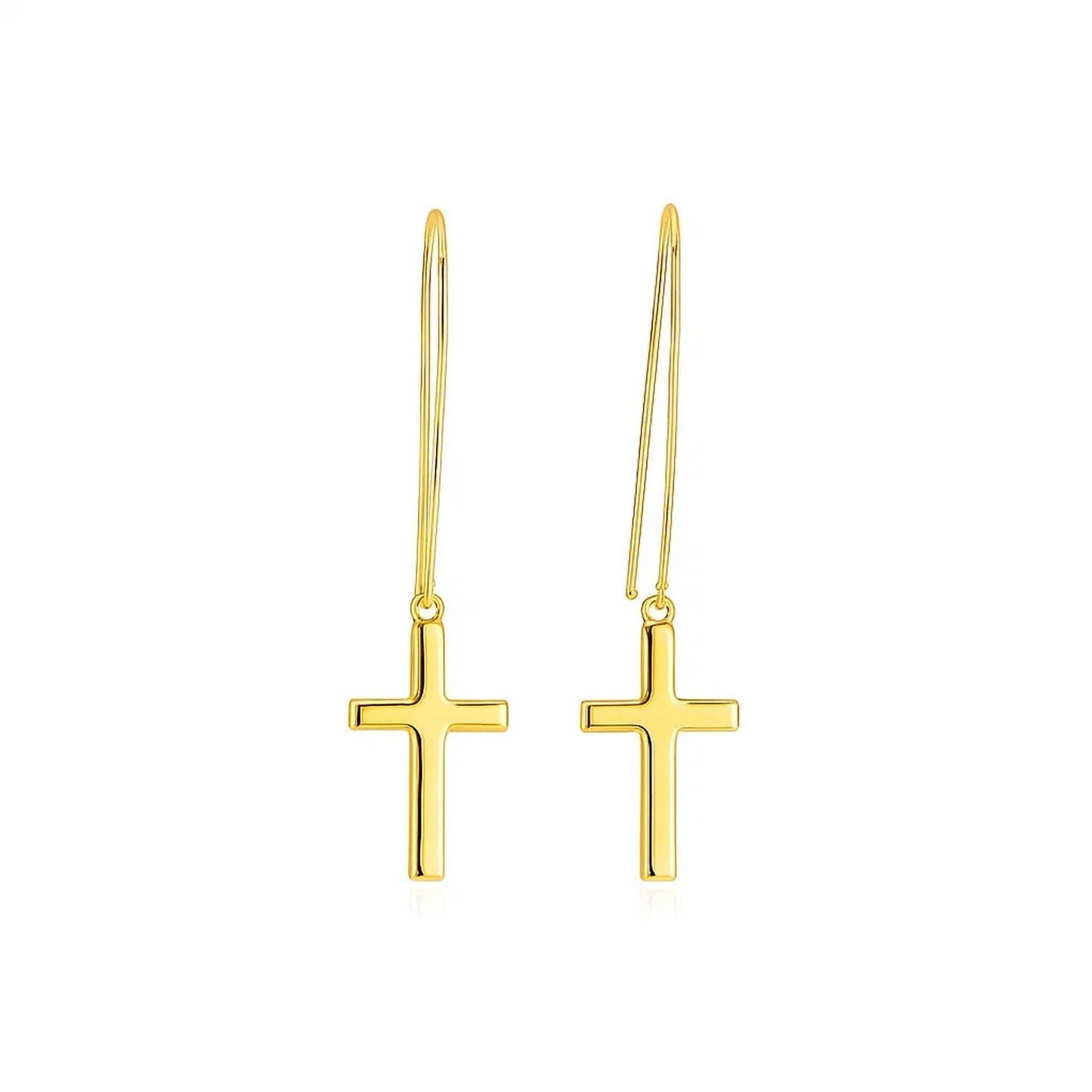 14k Yellow Gold Dangle Cross Earrings in a sleek high-contrast midnight luxury editorial style