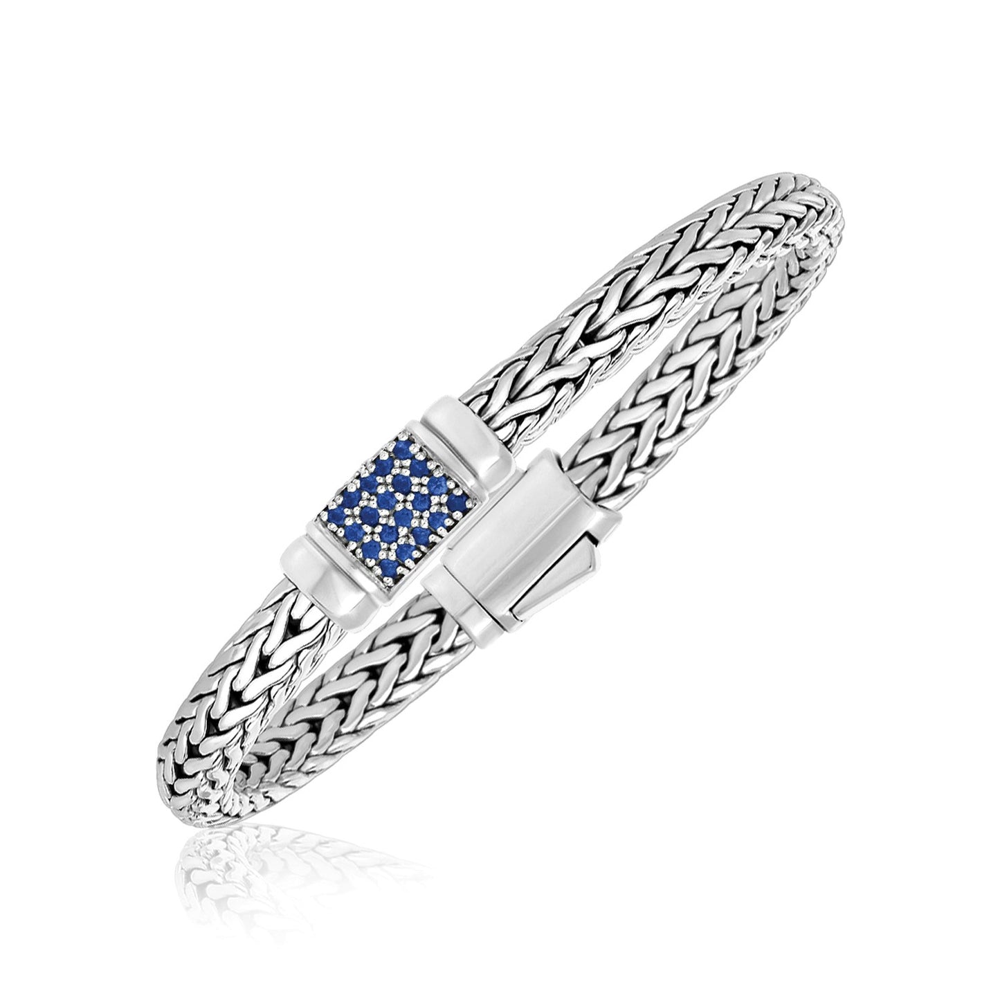 Sterling Silver Weave Motif Bracelet with Blue Sapphire Embellishments (7.00 mm) in a sleek high-contrast midnight luxury edi