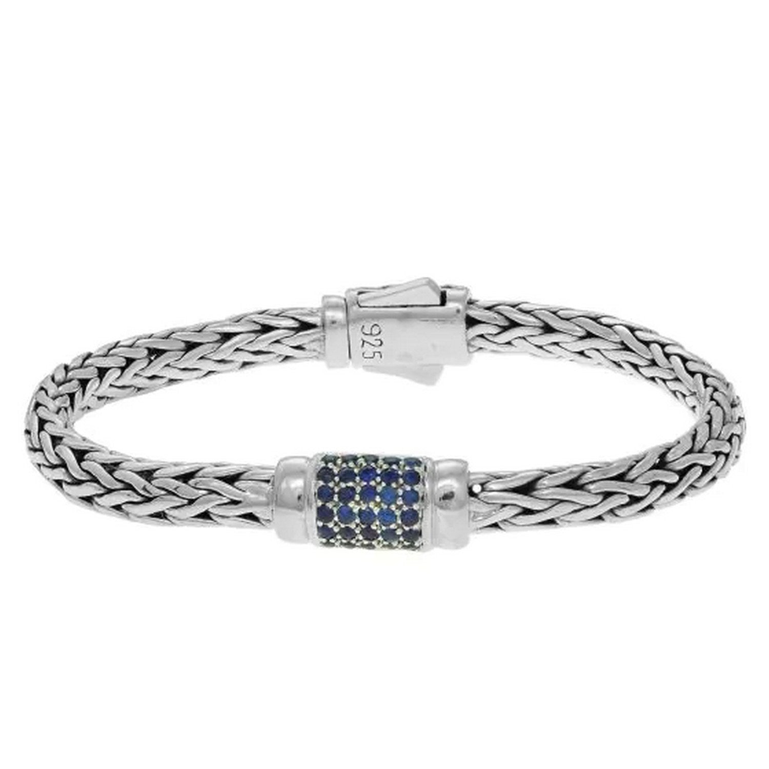Sterling Silver Weave Motif Bracelet with Blue Sapphire Embellishments (7.00 mm) - Peelerie
